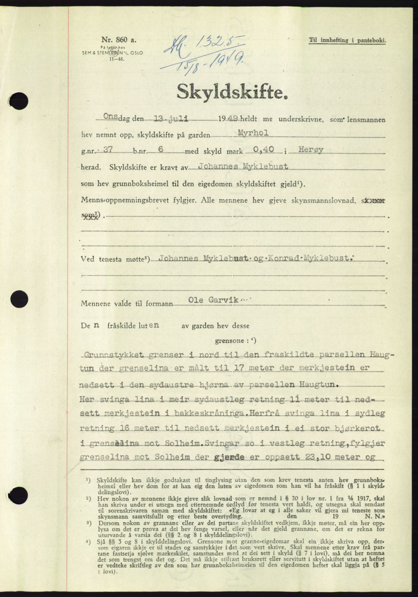 Søre Sunnmøre sorenskriveri, AV/SAT-A-4122/1/2/2C/L0085: Mortgage book no. 11A, 1949-1949, Diary no: : 1325/1949