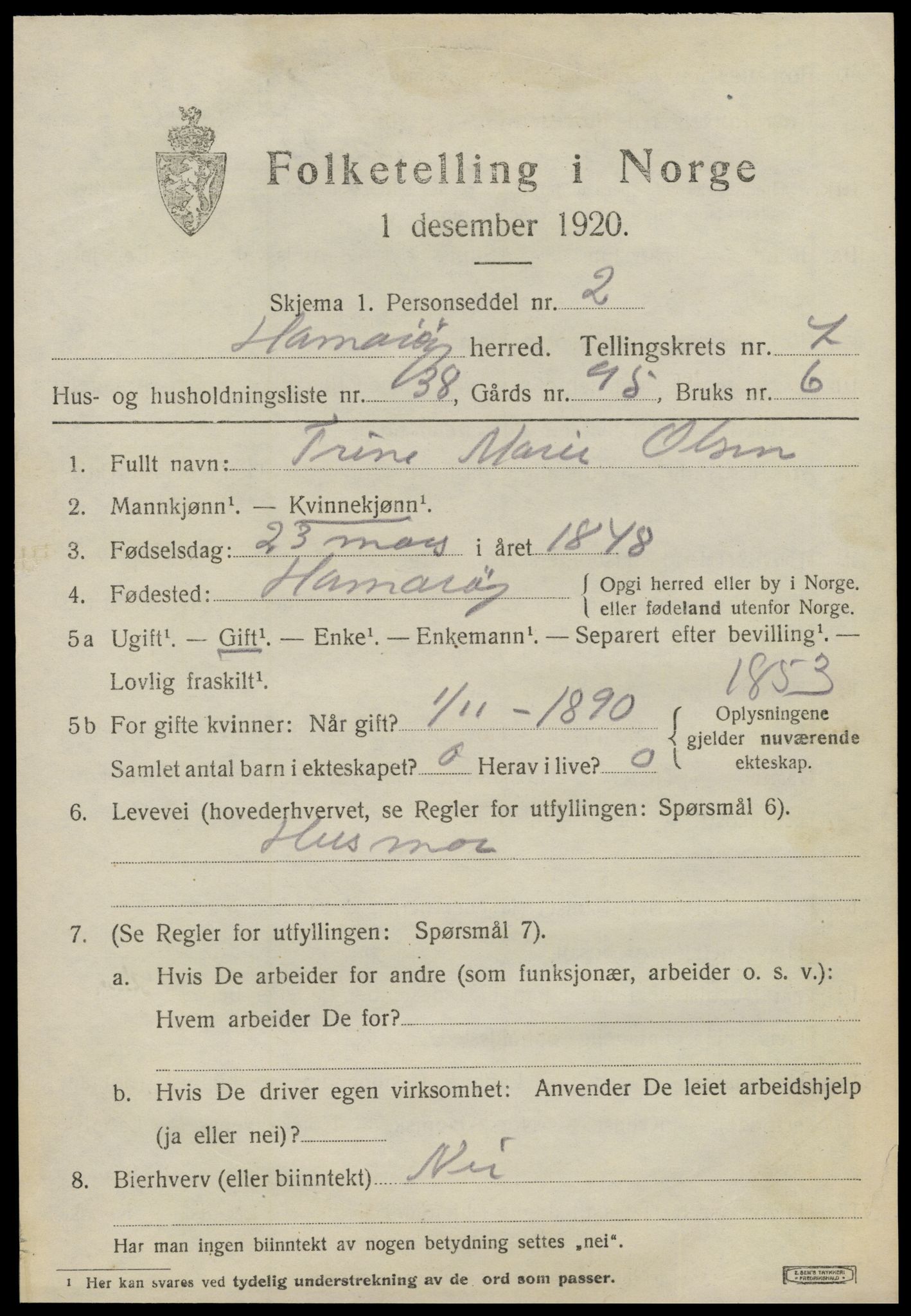 SAT, 1920 census for Hamarøy, 1920, p. 3674