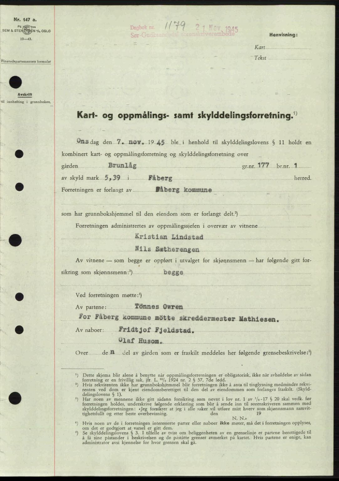 Sør-Gudbrandsdal tingrett, SAH/TING-004/H/Hb/Hbd/L0015: Mortgage book no. A15, 1945-1946, Diary no: : 1179/1945