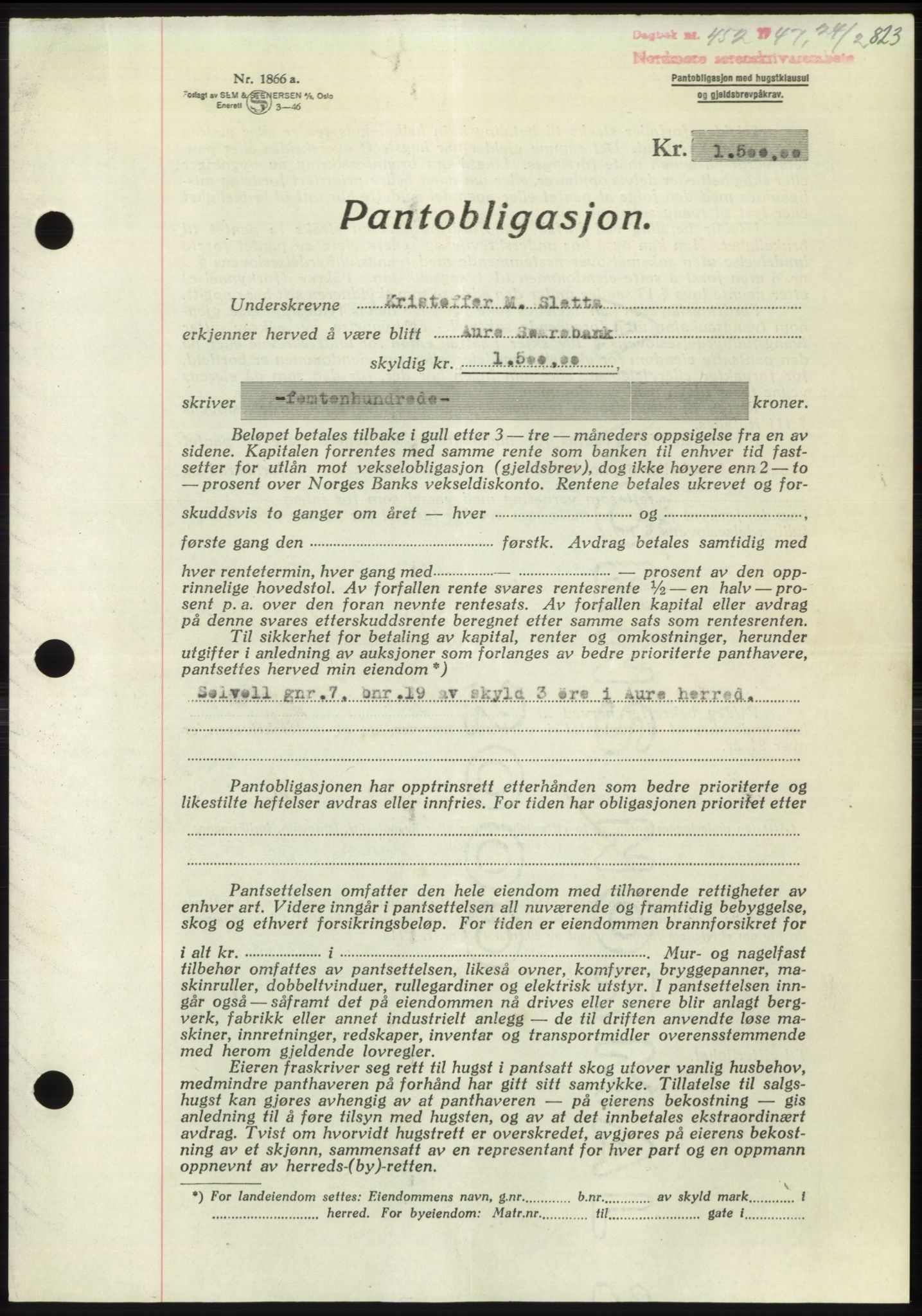 Nordmøre sorenskriveri, AV/SAT-A-4132/1/2/2Ca: Mortgage book no. B95, 1946-1947, Diary no: : 452/1947