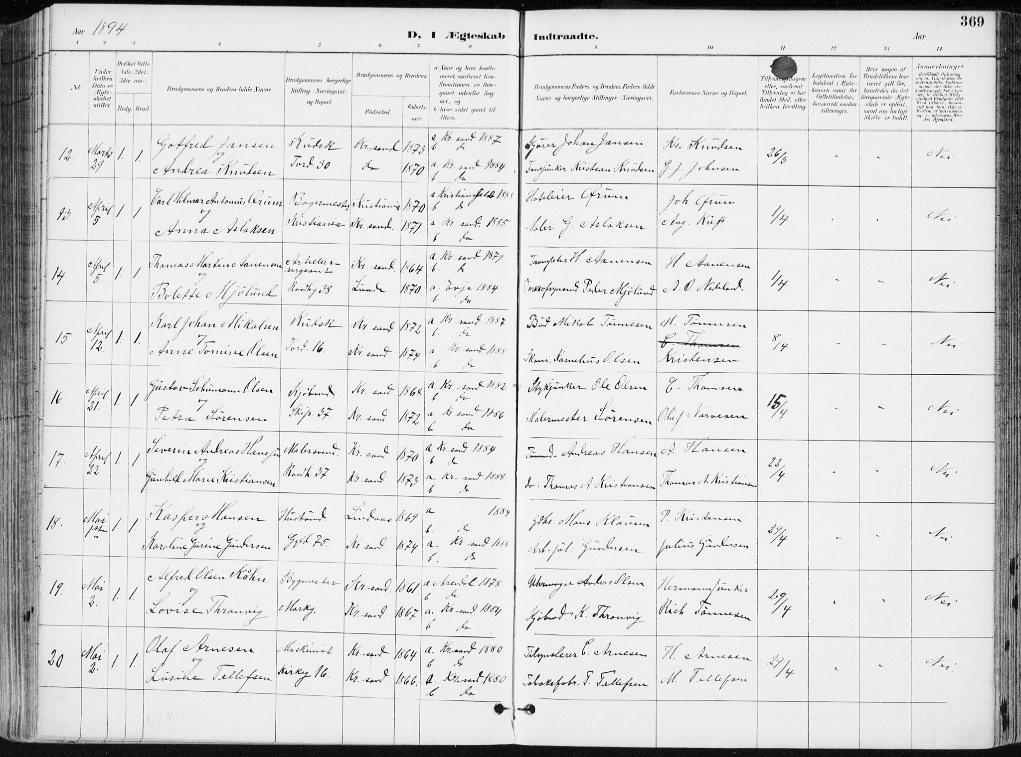 Kristiansand domprosti, SAK/1112-0006/F/Fa/L0019: Parish register (official) no. A 18, 1890-1897, p. 369