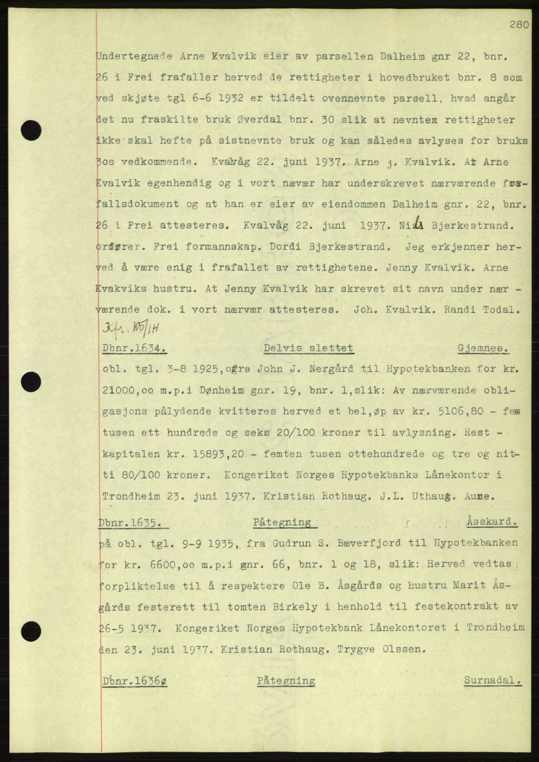 Nordmøre sorenskriveri, AV/SAT-A-4132/1/2/2Ca: Mortgage book no. C80, 1936-1939, Diary no: : 1634/1937