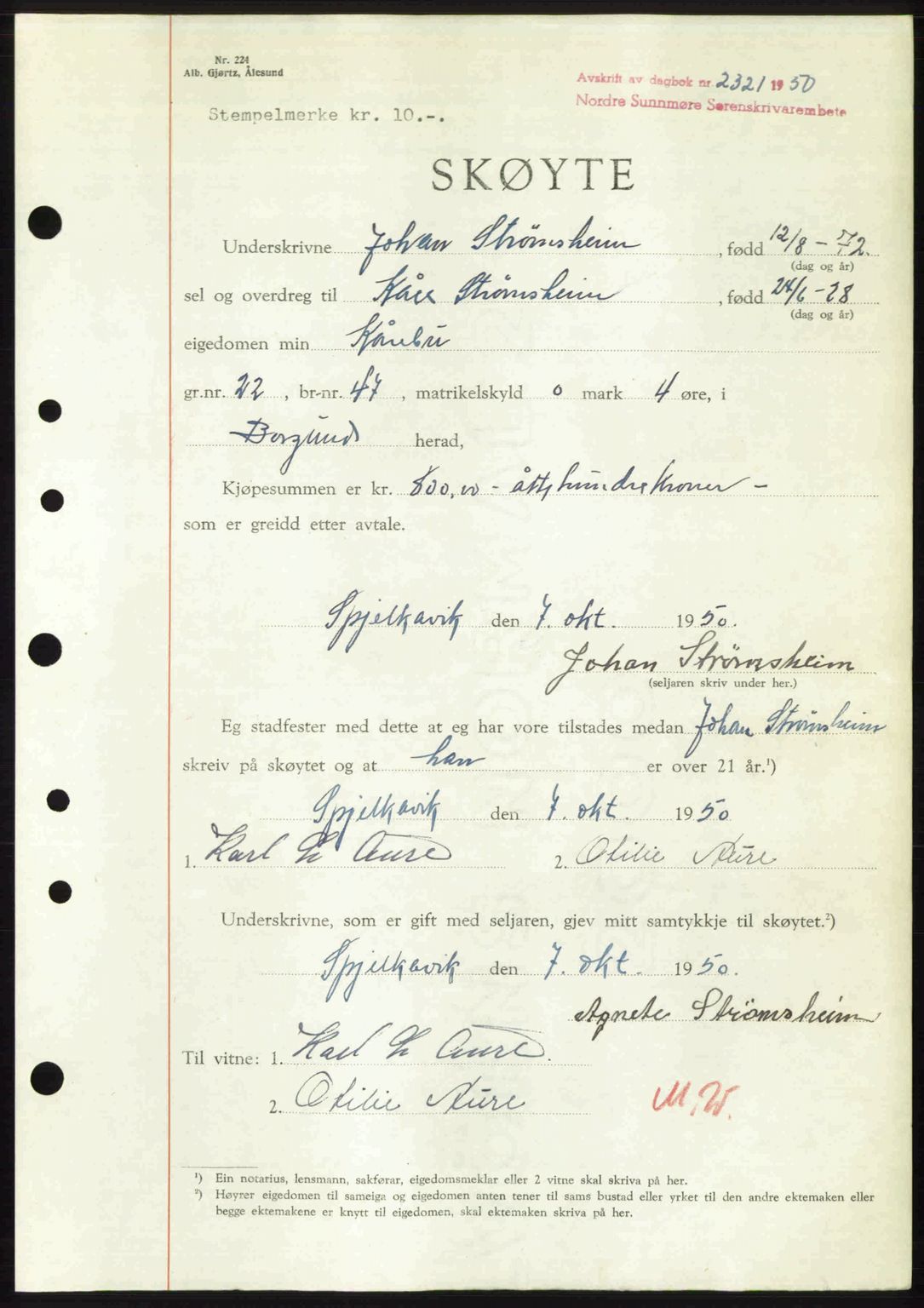 Nordre Sunnmøre sorenskriveri, AV/SAT-A-0006/1/2/2C/2Ca: Mortgage book no. A36, 1950-1950, Diary no: : 2321/1950