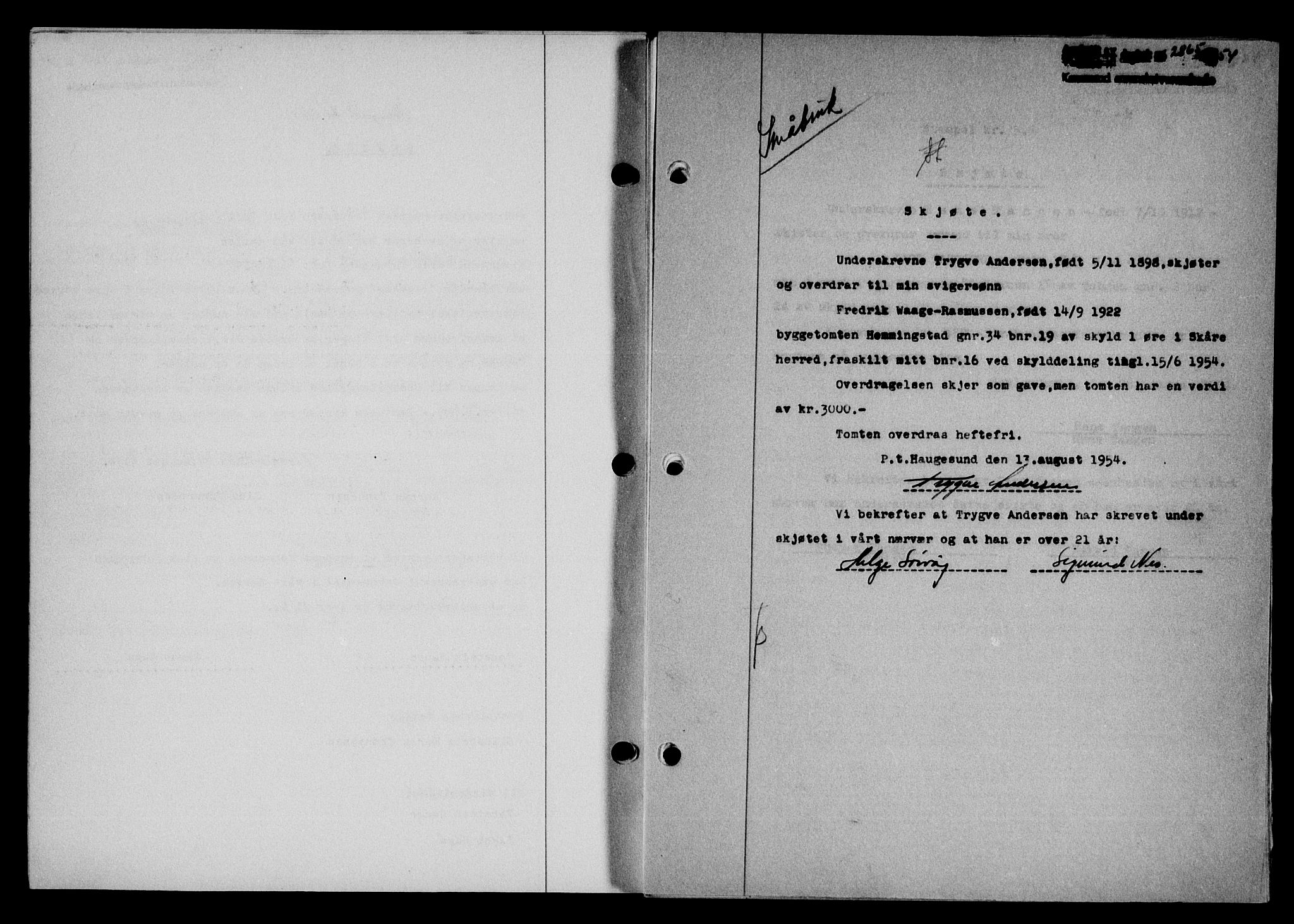 Karmsund sorenskriveri, SAST/A-100311/01/II/IIB/L0113: Mortgage book no. 93A, 1954-1954, Diary no: : 2865/1954