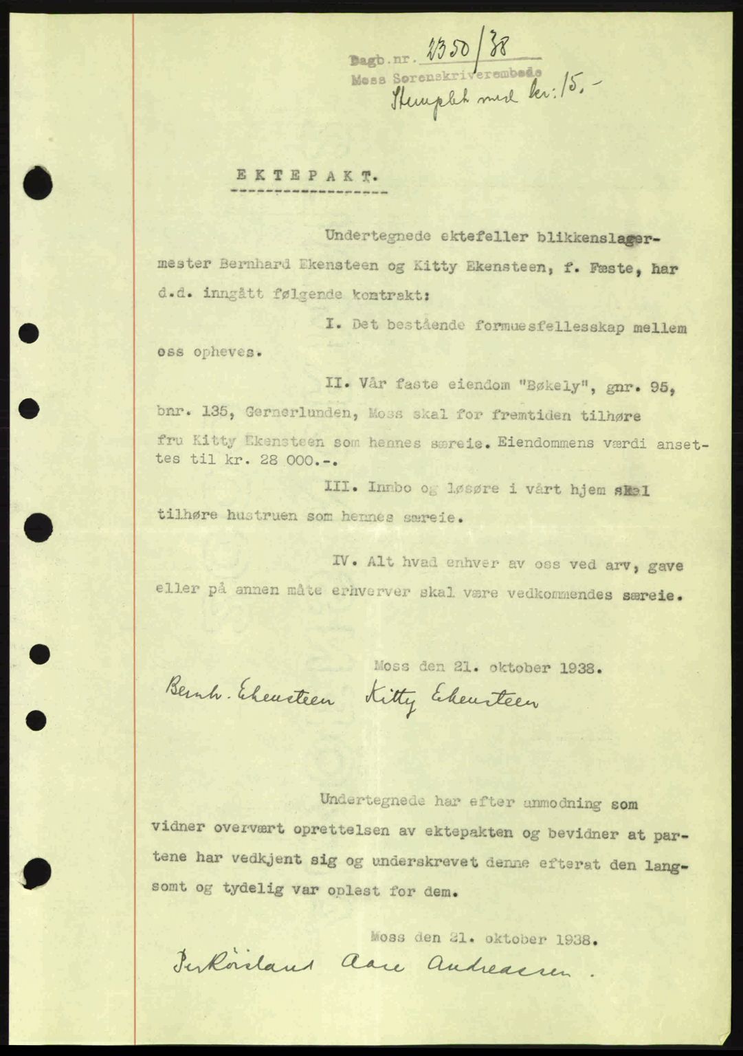 Moss sorenskriveri, SAO/A-10168: Mortgage book no. A5, 1938-1939, Diary no: : 2350/1938