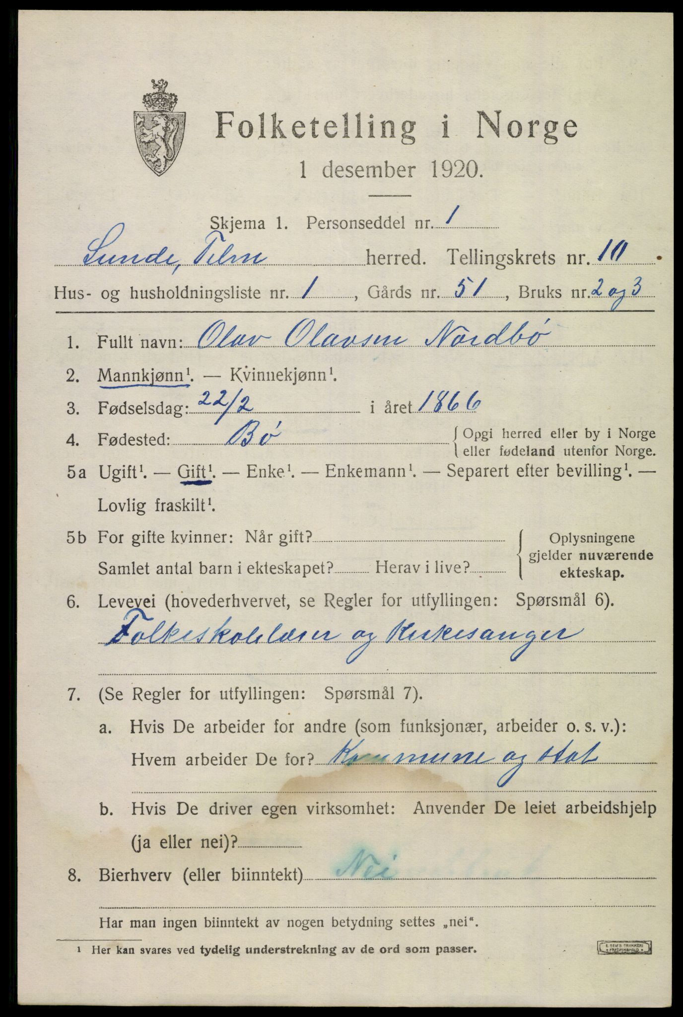 SAKO, 1920 census for Lunde, 1920, p. 5753