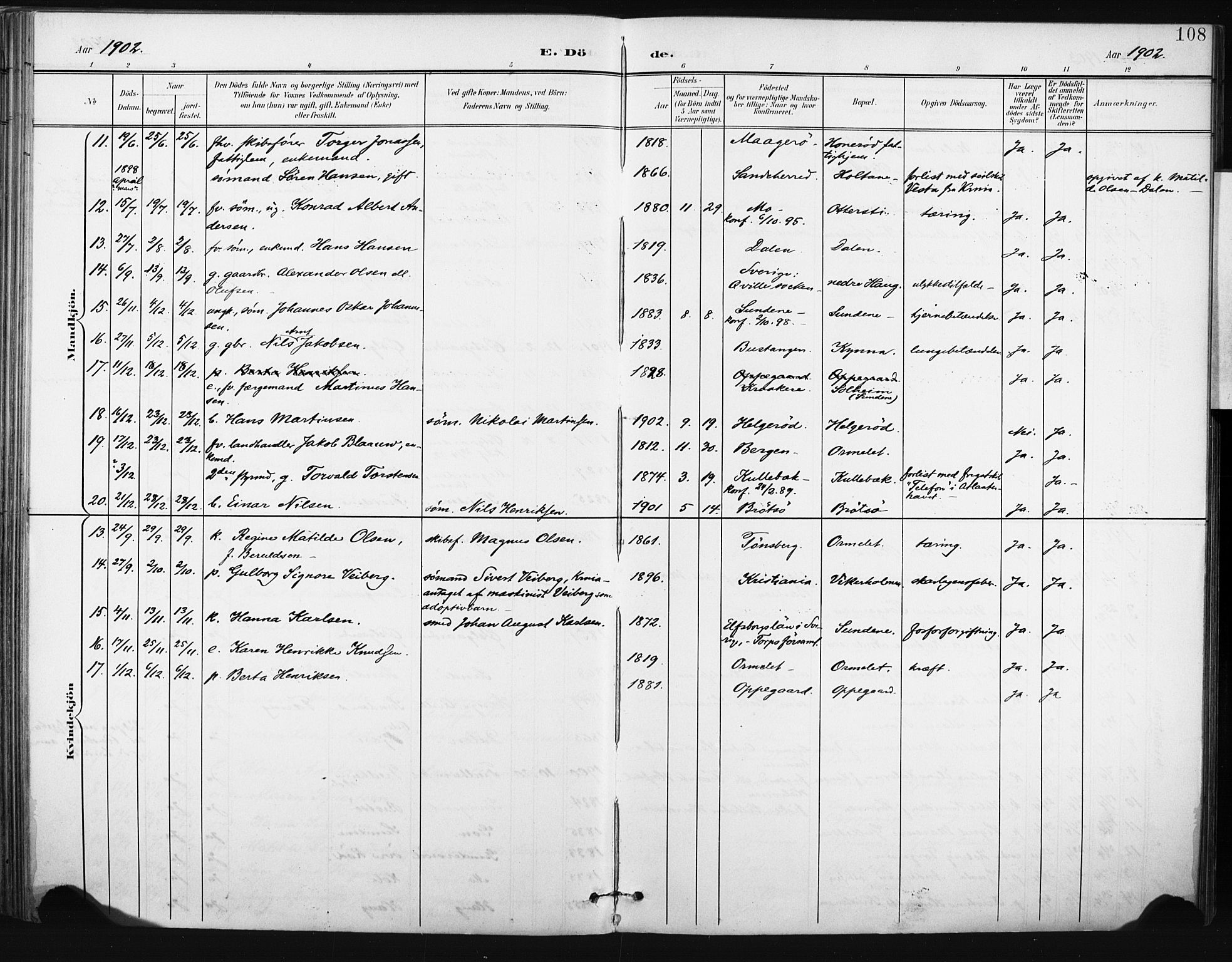 Tjøme kirkebøker, AV/SAKO-A-328/F/Fa/L0005: Parish register (official) no. I 5, 1901-1909, p. 108