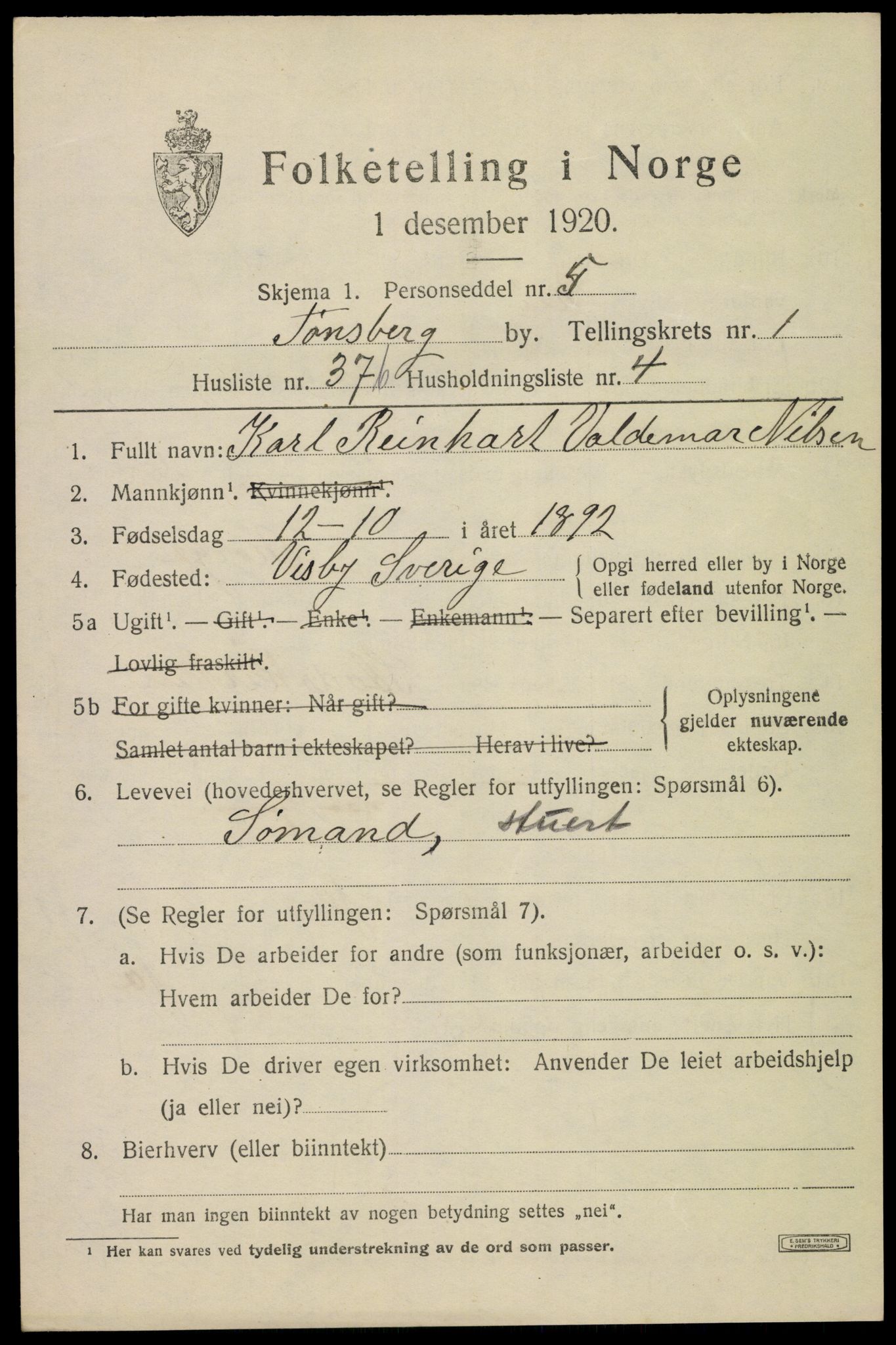 SAKO, 1920 census for Tønsberg, 1920, p. 9541