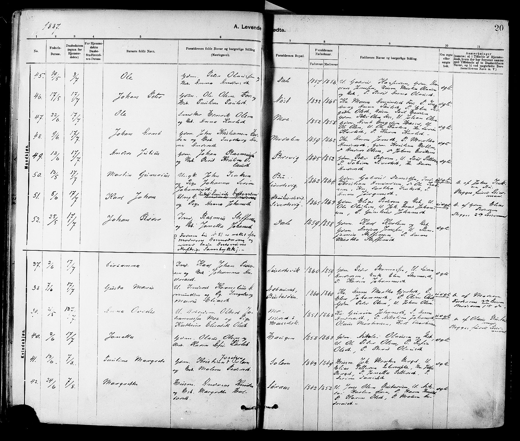 Ministerialprotokoller, klokkerbøker og fødselsregistre - Sør-Trøndelag, SAT/A-1456/647/L0634: Parish register (official) no. 647A01, 1885-1896, p. 20