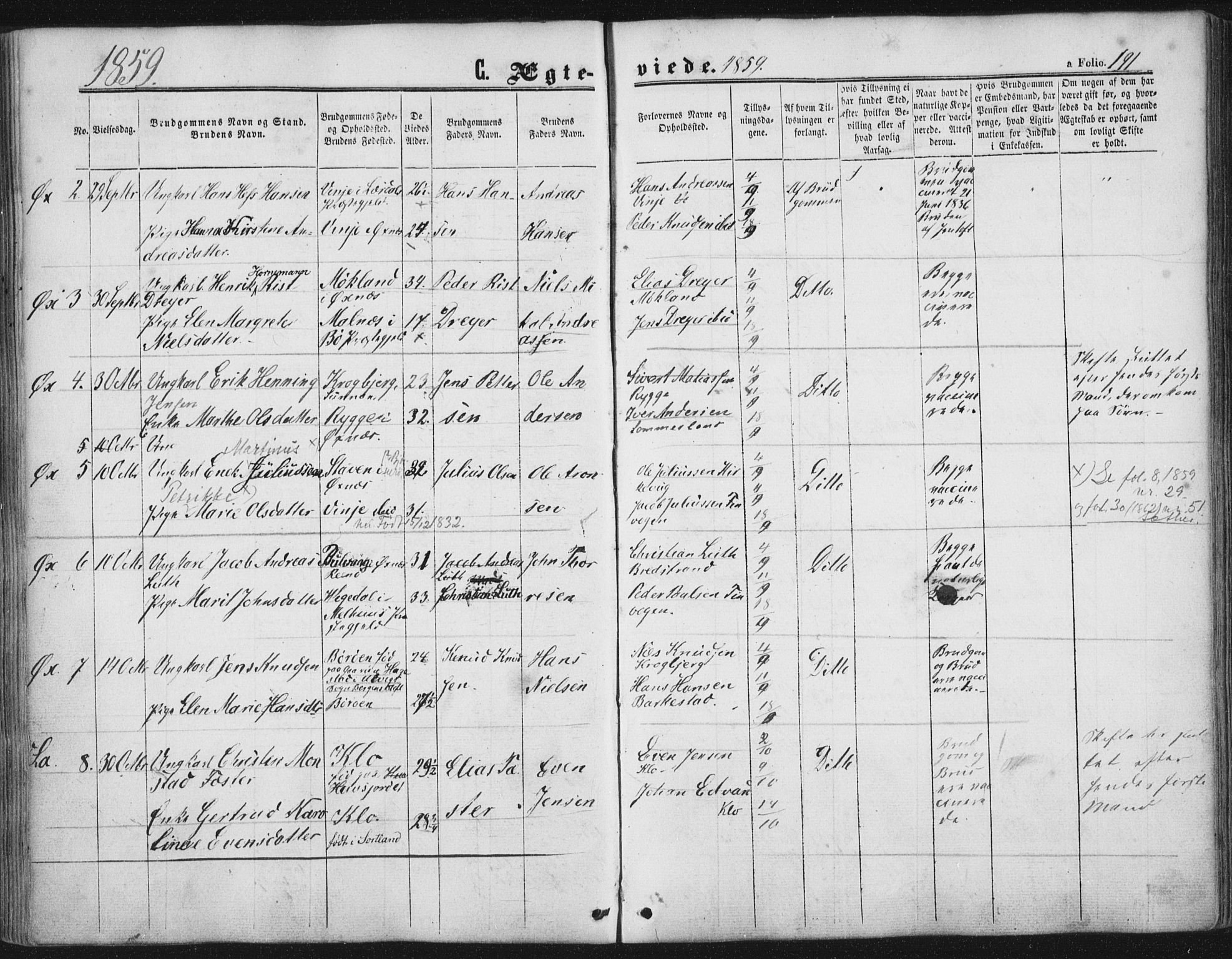 Ministerialprotokoller, klokkerbøker og fødselsregistre - Nordland, SAT/A-1459/893/L1333: Parish register (official) no. 893A06, 1858-1866, p. 191
