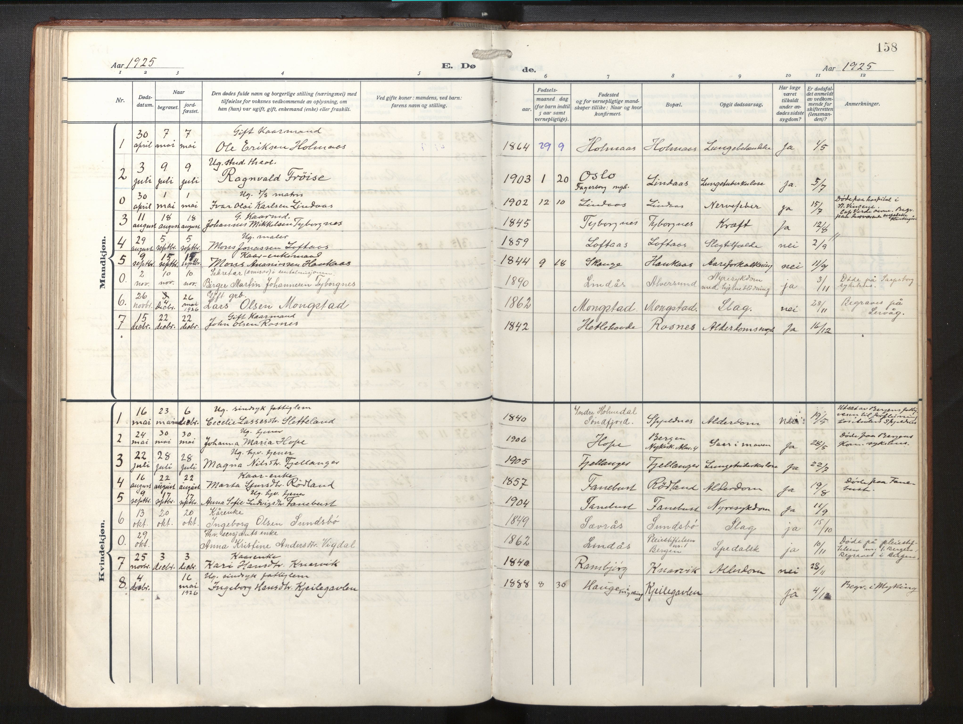 Lindås Sokneprestembete, AV/SAB-A-76701/H/Haa/Haab/L0003: Parish register (official) no. B 3, 1912-1929, p. 158