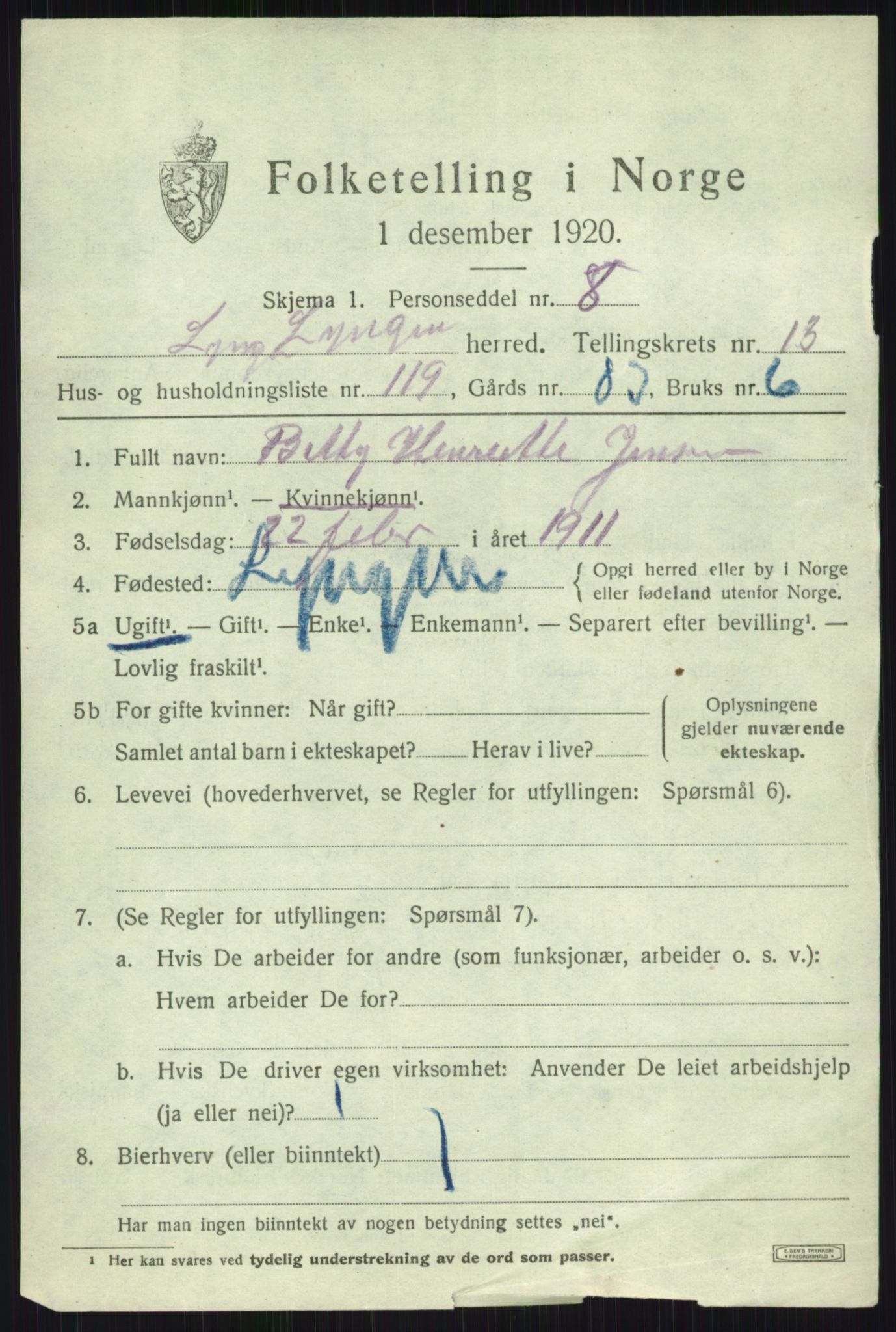 SATØ, 1920 census for Lyngen, 1920, p. 11487