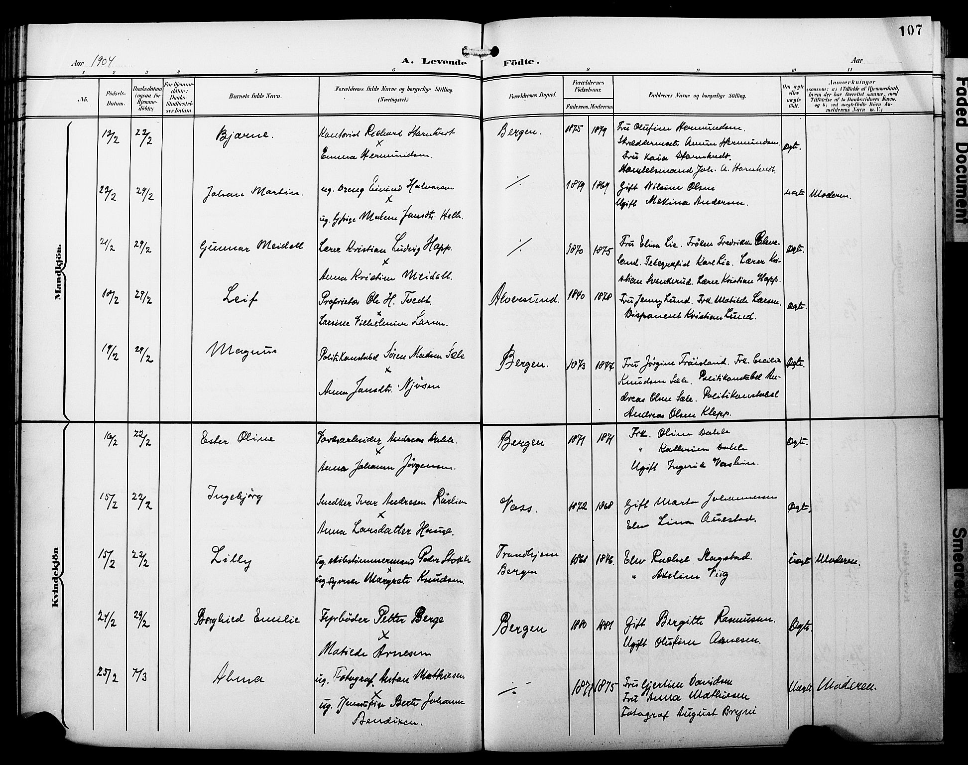 Fødselsstiftelsens sokneprestembete*, SAB/-: Parish register (copy) no. A 1, 1900-1909, p. 107