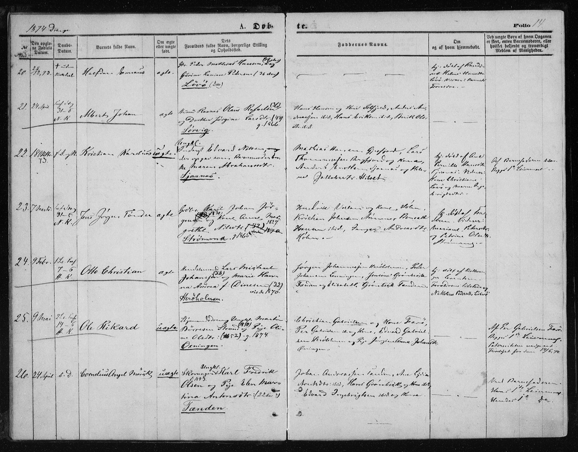 Ministerialprotokoller, klokkerbøker og fødselsregistre - Nordland, AV/SAT-A-1459/834/L0506: Parish register (official) no. 834A04, 1872-1878, p. 14