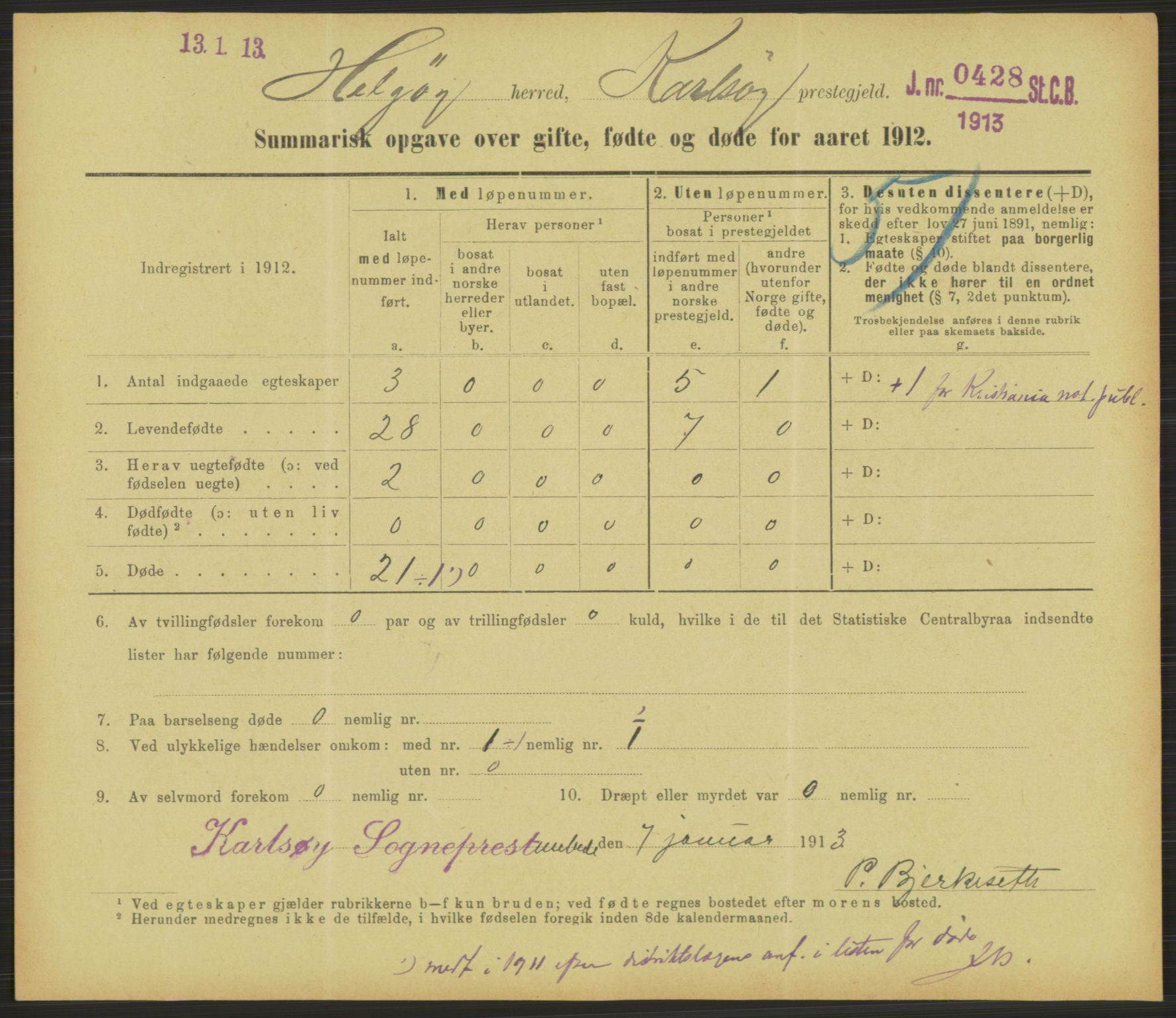 Statistisk sentralbyrå, Sosiodemografiske emner, Befolkning, RA/S-2228/D/Df/Dfb/Dfbb/L0052: Summariske oppgaver over gifte, fødte og døde for hele landet., 1912, p. 1509