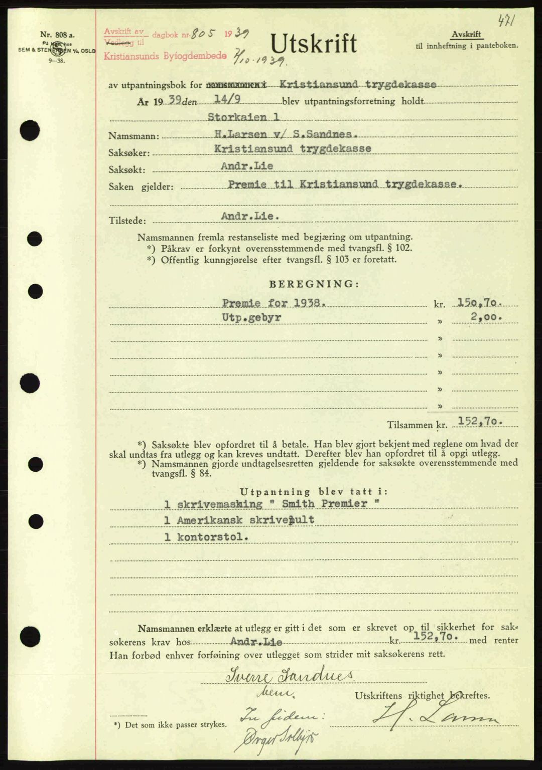 Kristiansund byfogd, AV/SAT-A-4587/A/27: Mortgage book no. 31, 1938-1939, Diary no: : 805/1939