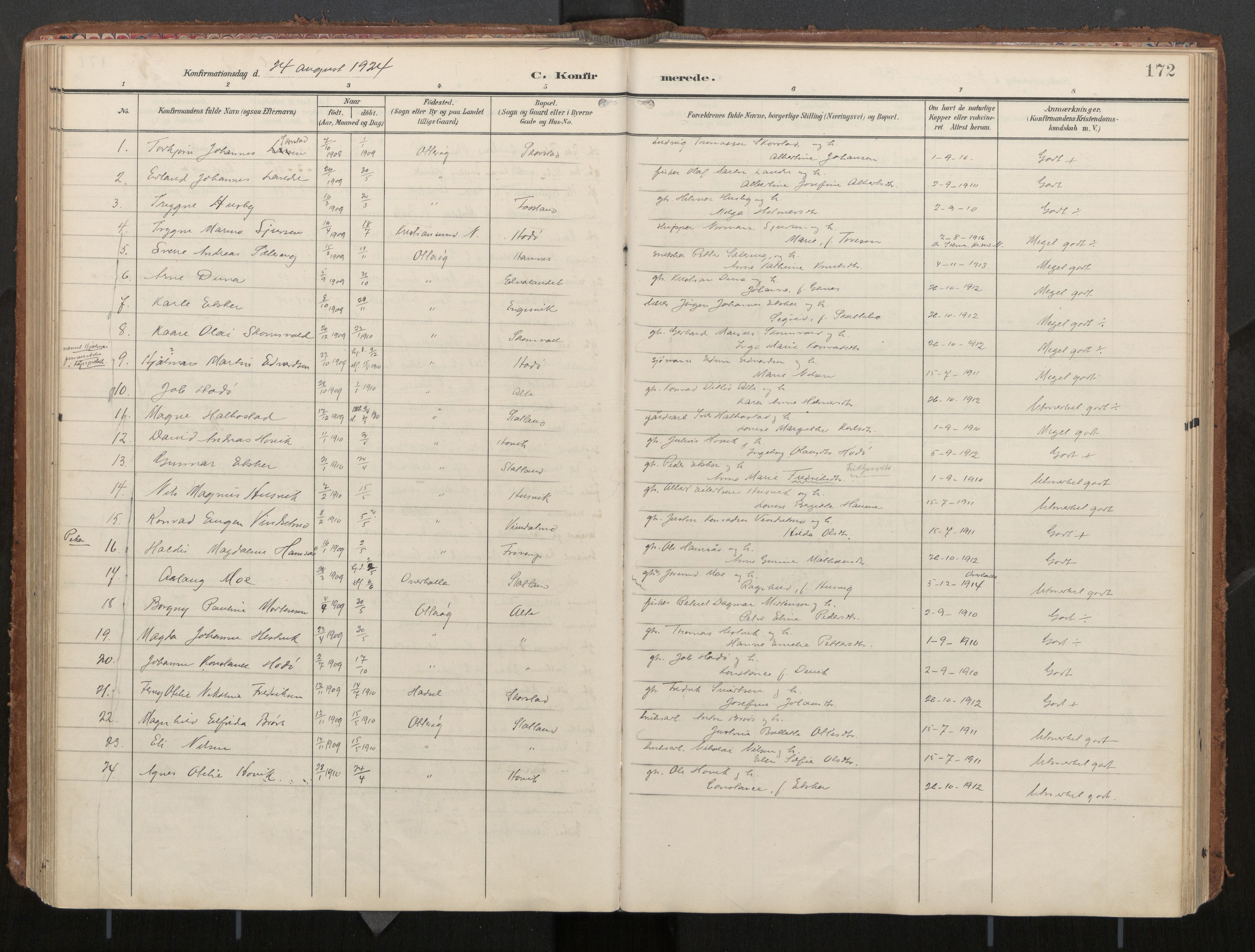 Ministerialprotokoller, klokkerbøker og fødselsregistre - Nord-Trøndelag, AV/SAT-A-1458/774/L0629: Parish register (official), 1904-1926, p. 172