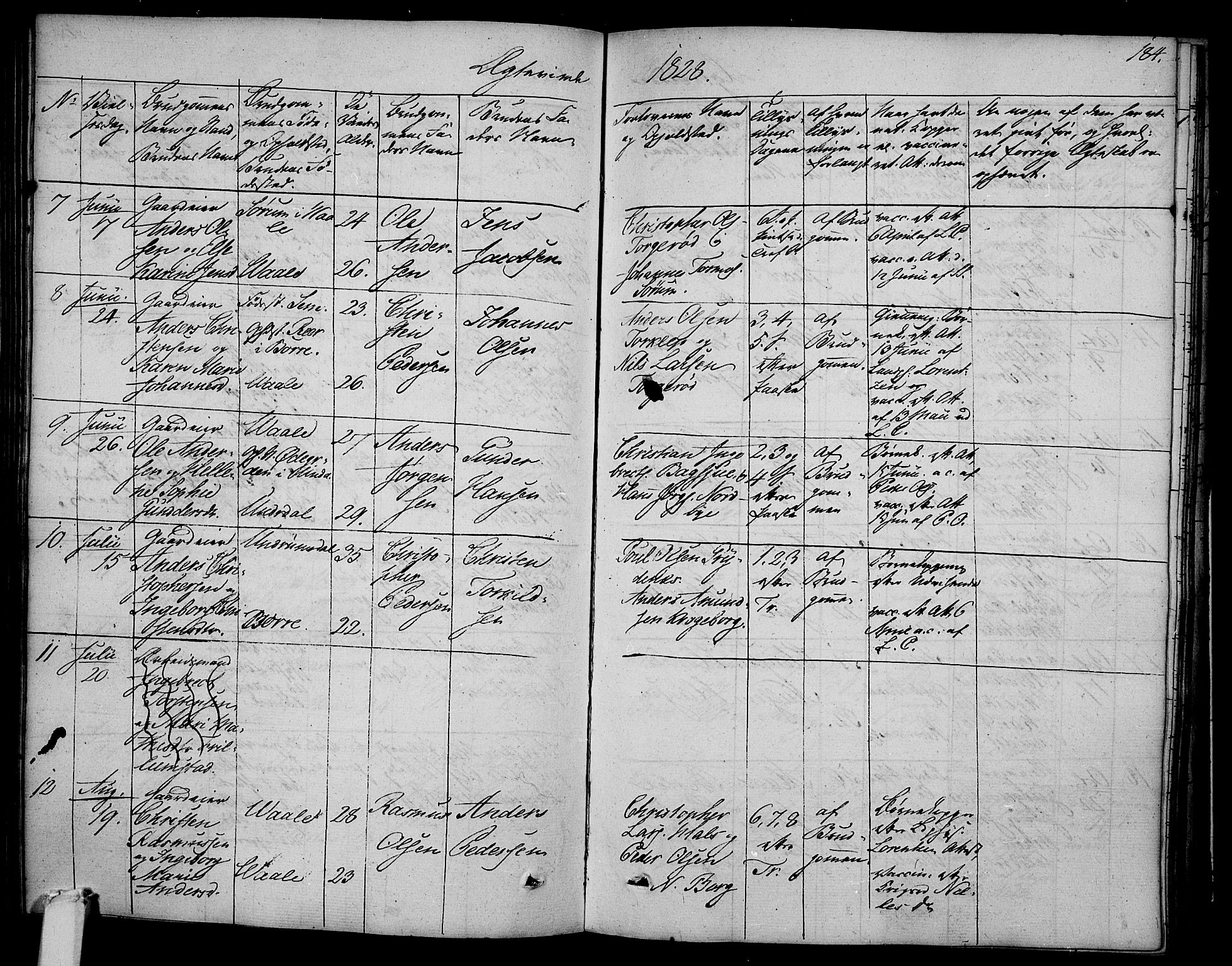 Våle kirkebøker, AV/SAKO-A-334/F/Fa/L0008: Parish register (official) no. I 8, 1824-1844, p. 184