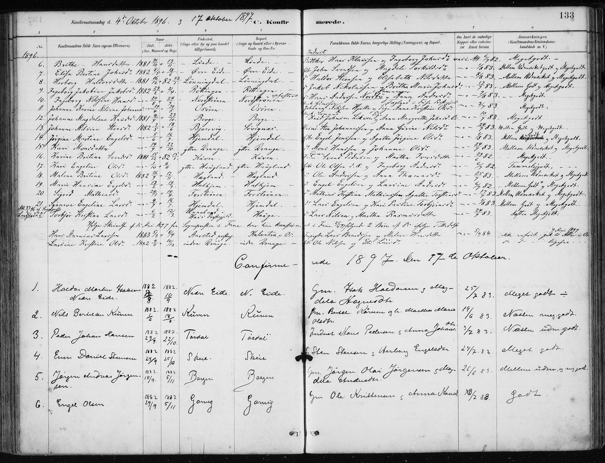 Os sokneprestembete, AV/SAB-A-99929: Parish register (official) no. B 1, 1885-1902, p. 133