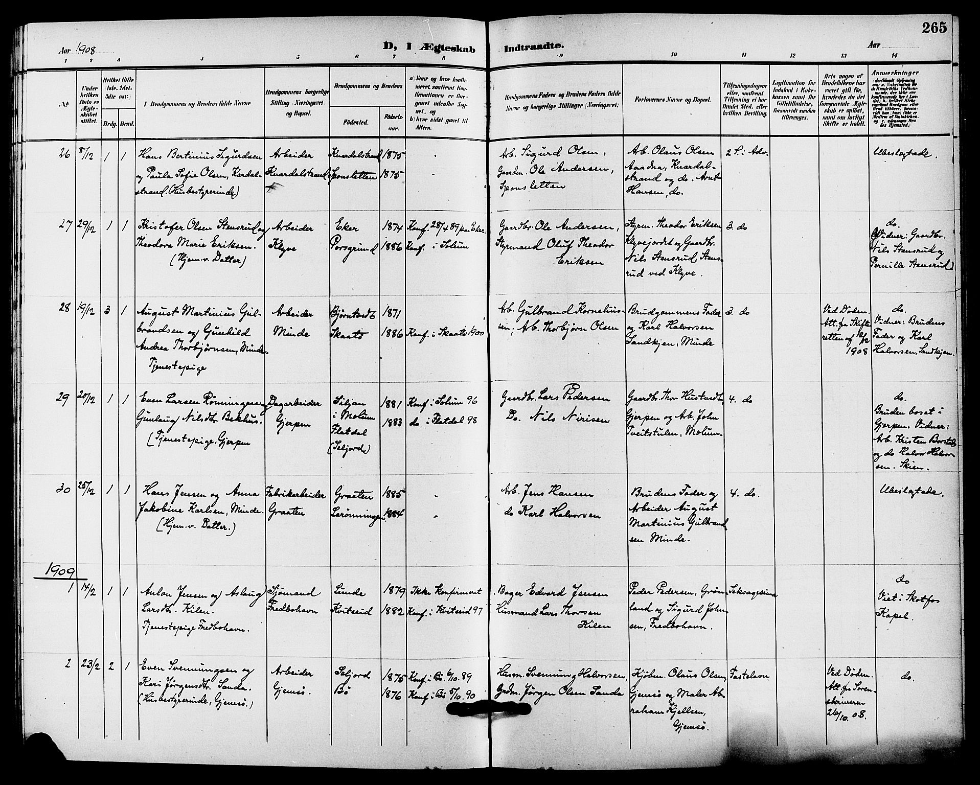 Solum kirkebøker, SAKO/A-306/G/Ga/L0008: Parish register (copy) no. I 8, 1898-1909, p. 265