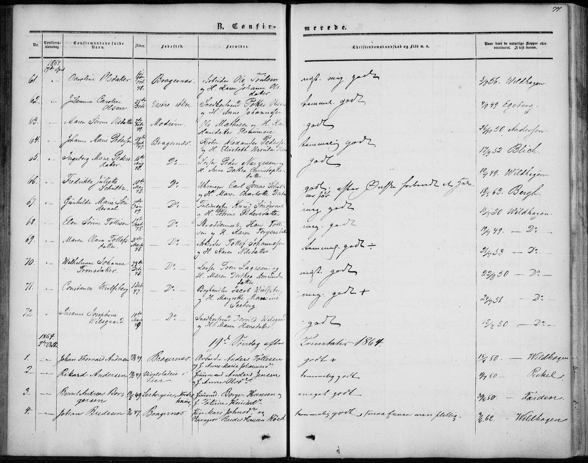 Bragernes kirkebøker, AV/SAKO-A-6/F/Fc/L0002: Parish register (official) no. III 2, 1854-1865, p. 71