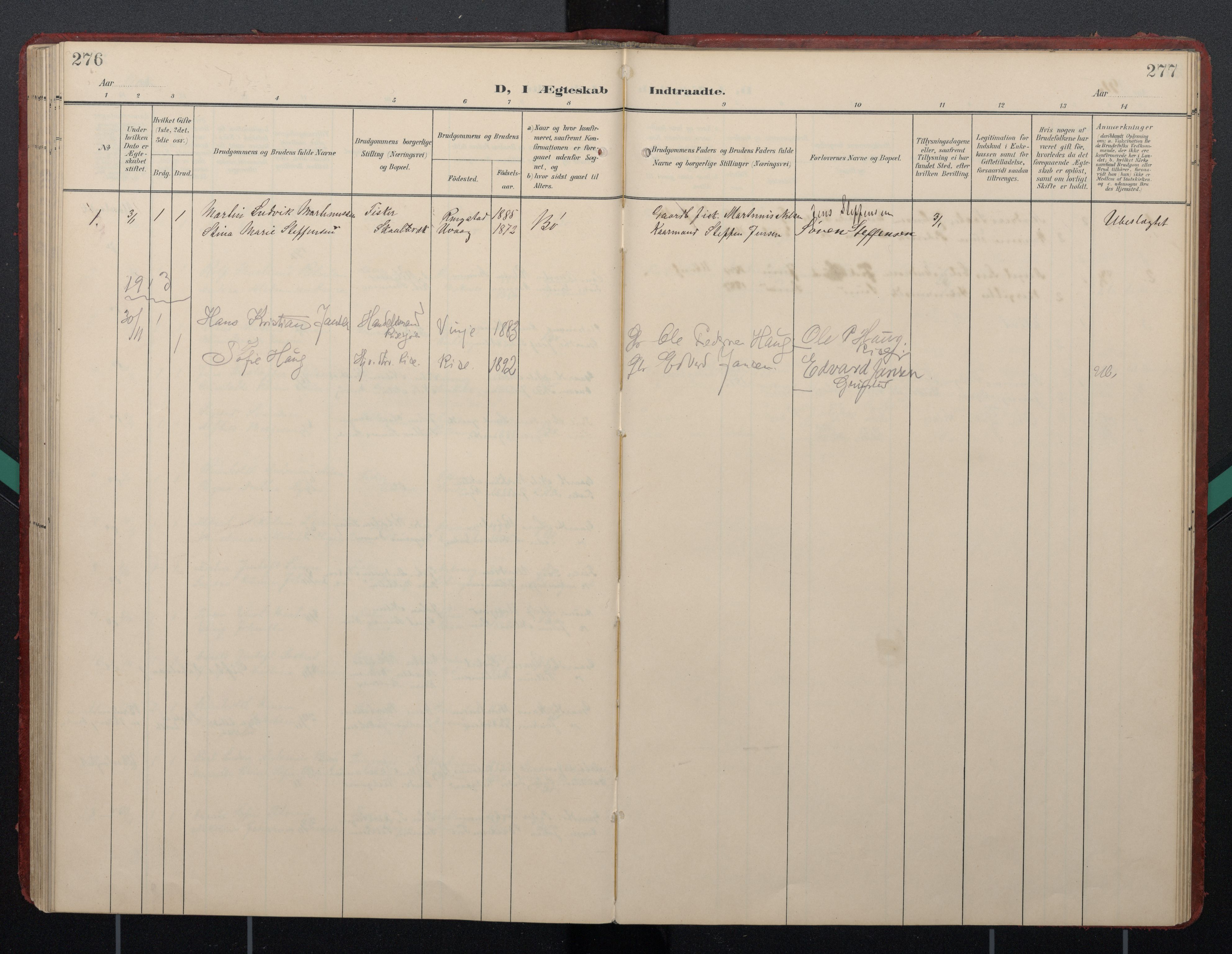 Ministerialprotokoller, klokkerbøker og fødselsregistre - Nordland, AV/SAT-A-1459/892/L1322: Parish register (official) no. 892A03, 1904-1921, p. 276-277