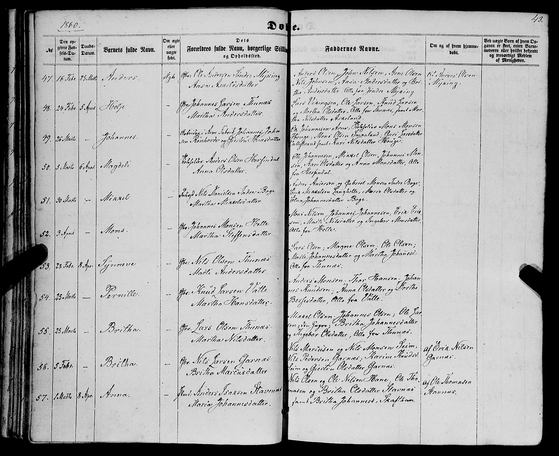Haus sokneprestembete, SAB/A-75601/H/Haa: Parish register (official) no. A 17, 1858-1870, p. 43