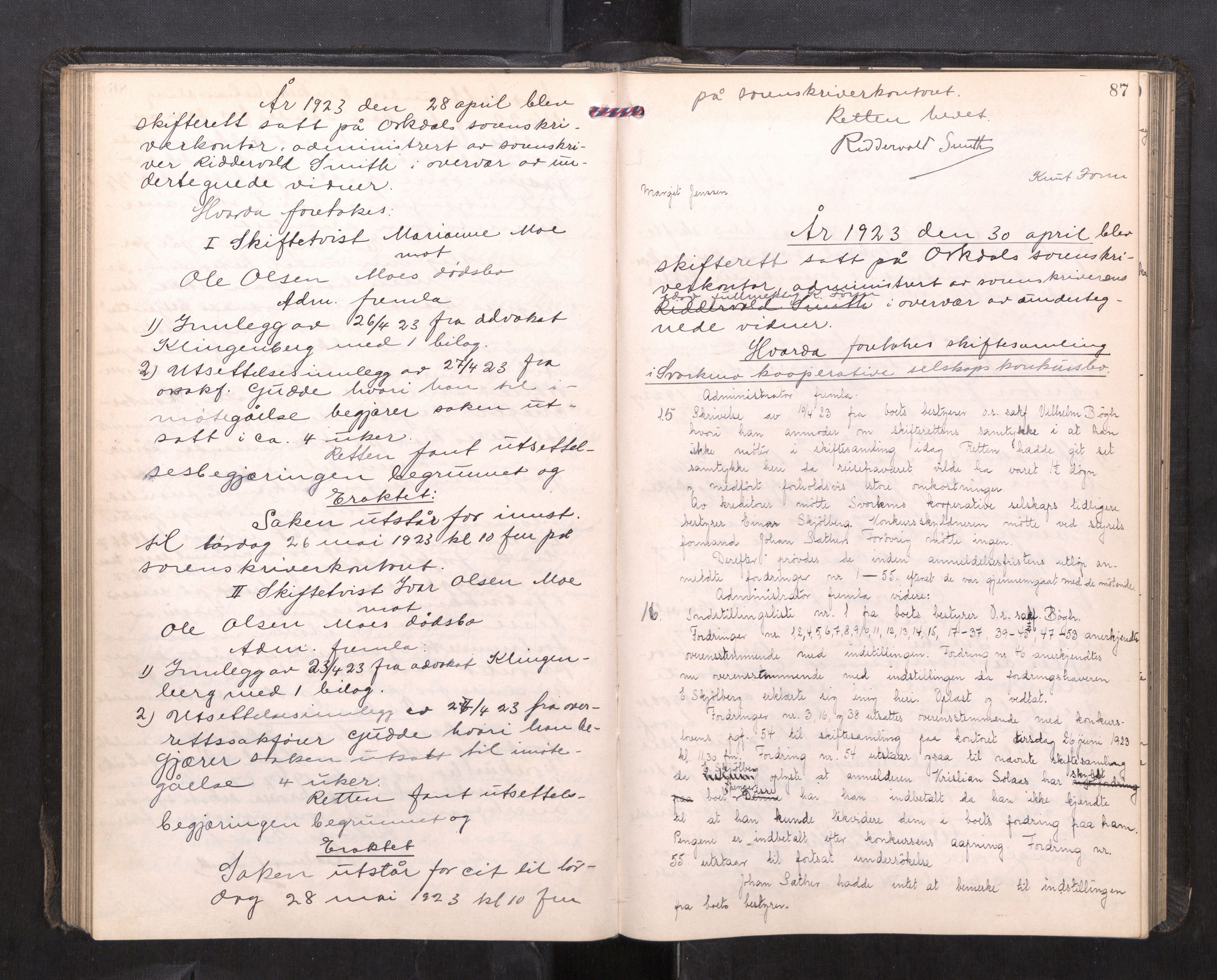 Orkdal sorenskriveri, AV/SAT-A-4169/1/3/3B/L0015: Skiftebehandlingsprotokoll, 1919-1927, p. 86b-87a