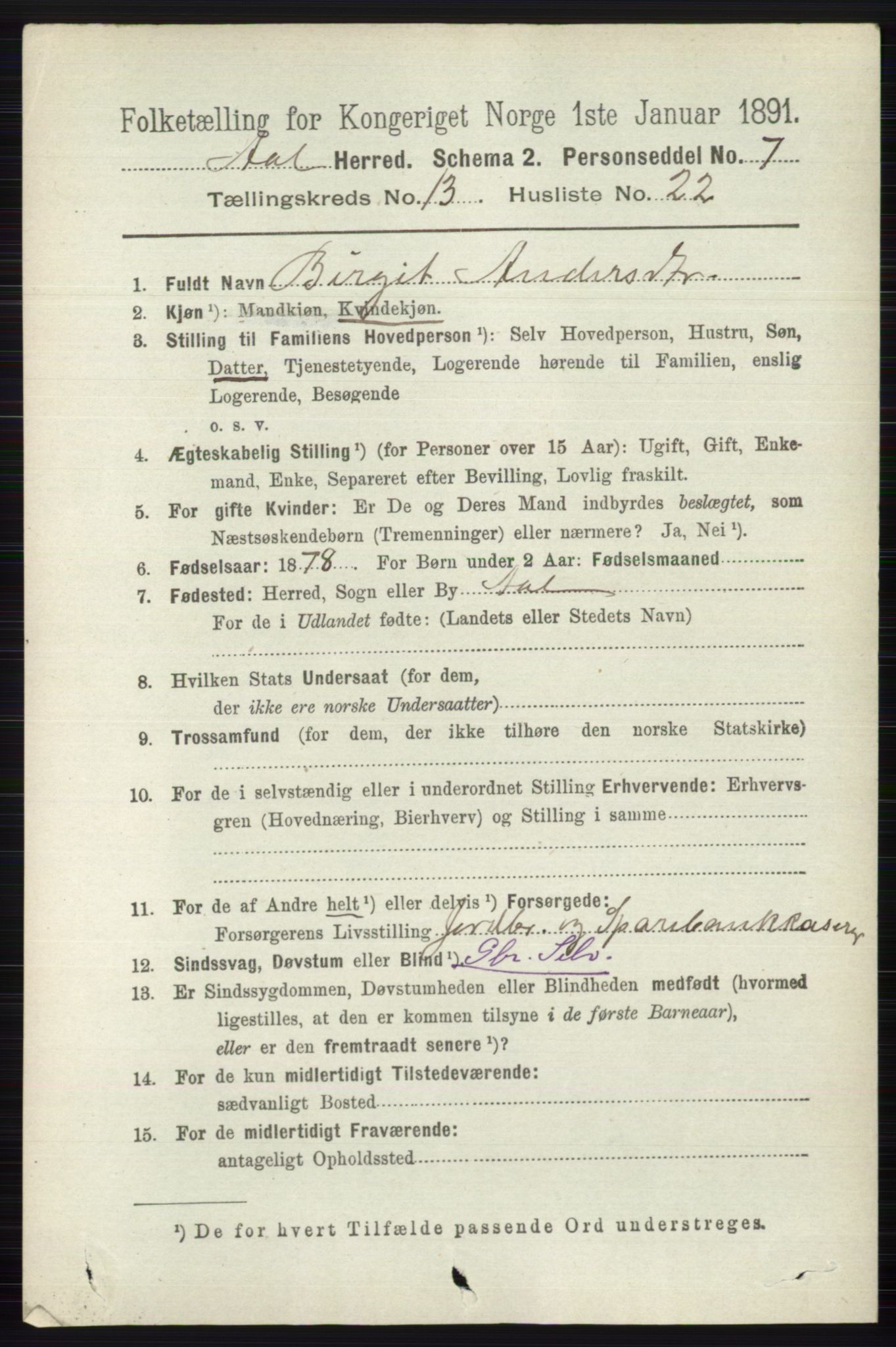 RA, 1891 census for 0619 Ål, 1891, p. 3377