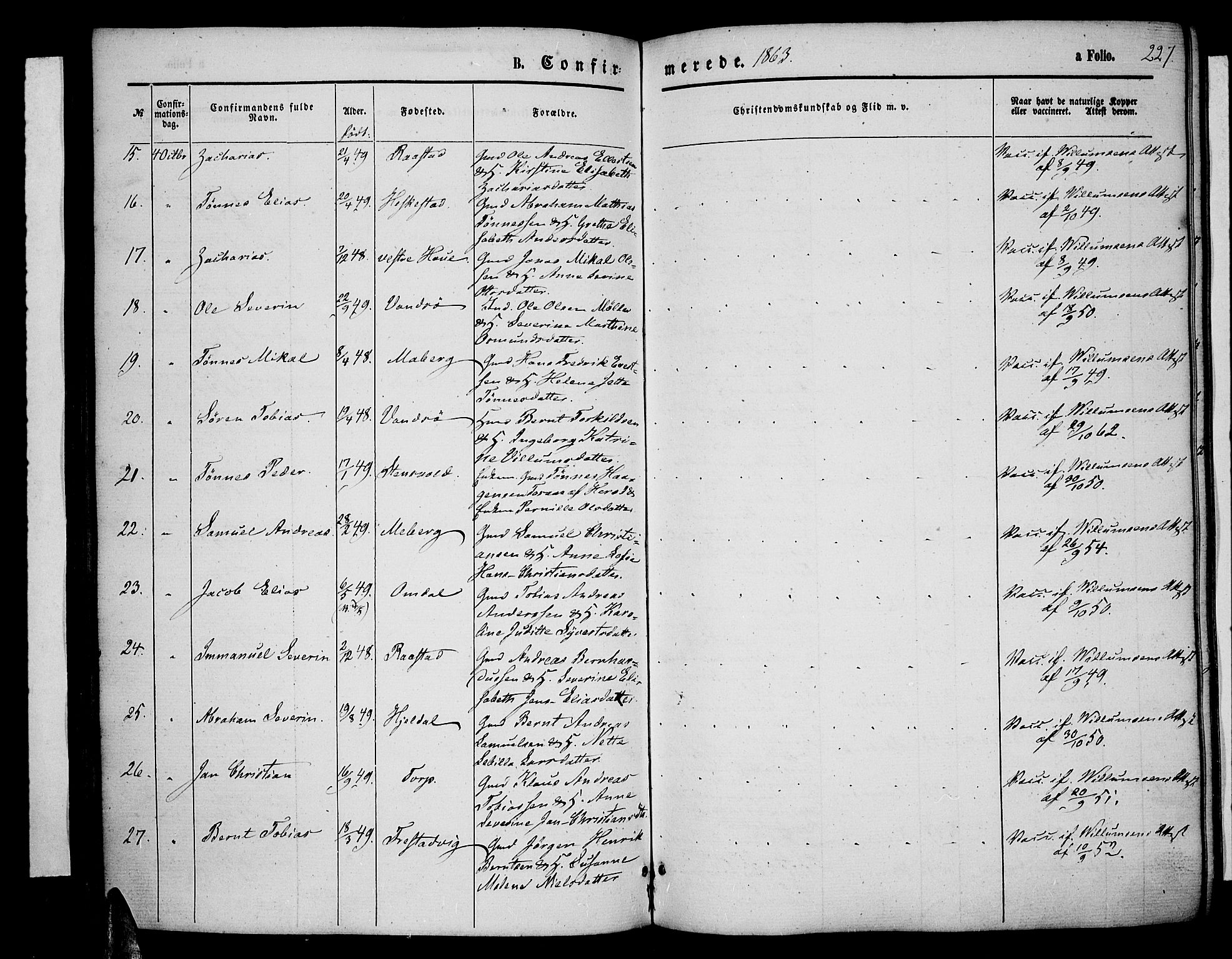 Lista sokneprestkontor, AV/SAK-1111-0027/F/Fb/L0003: Parish register (copy) no. B 3, 1862-1877, p. 227