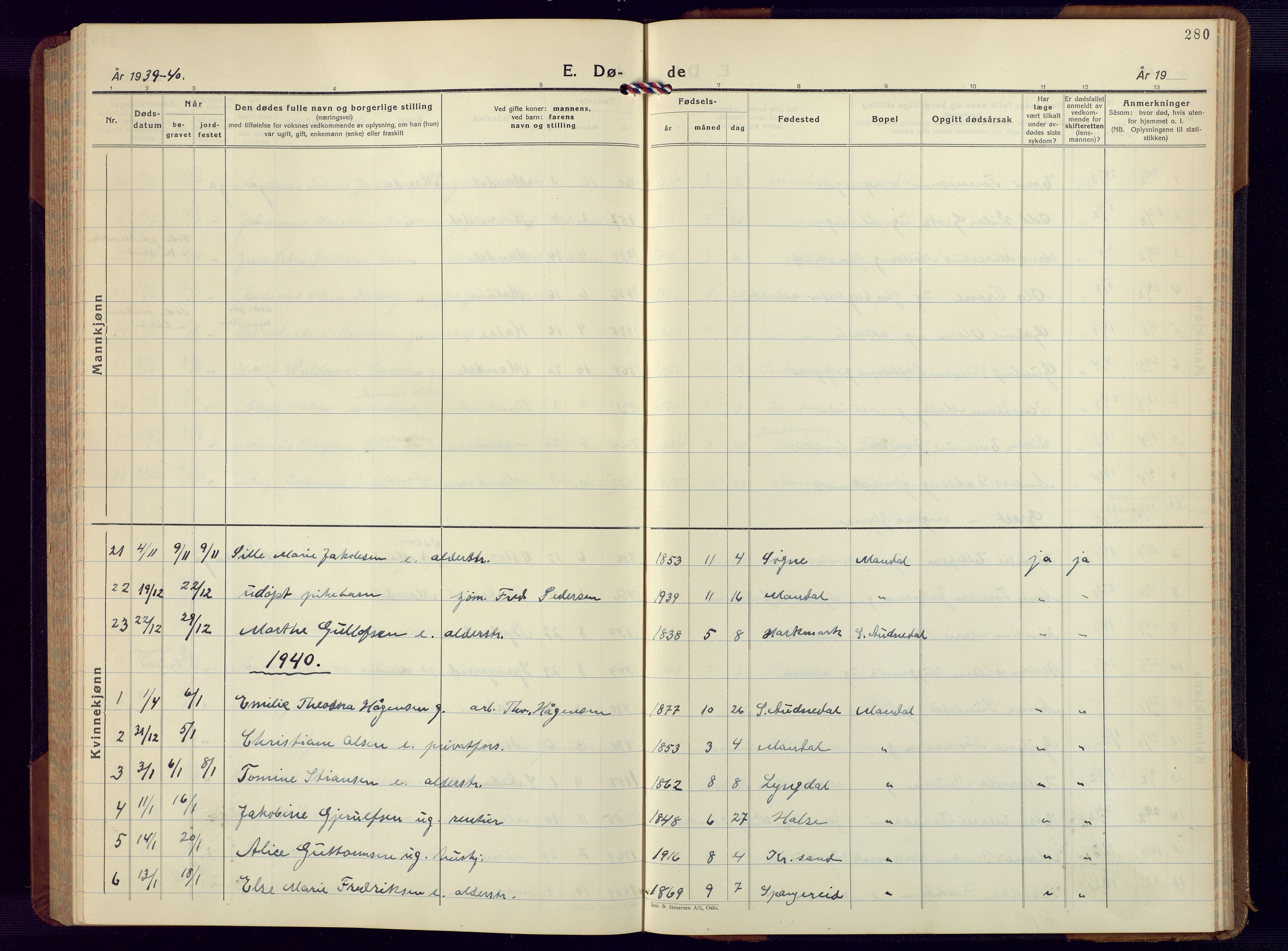 Mandal sokneprestkontor, SAK/1111-0030/F/Fb/Fbc/L0002: Parish register (copy) no. B 2, 1931-1949, p. 280