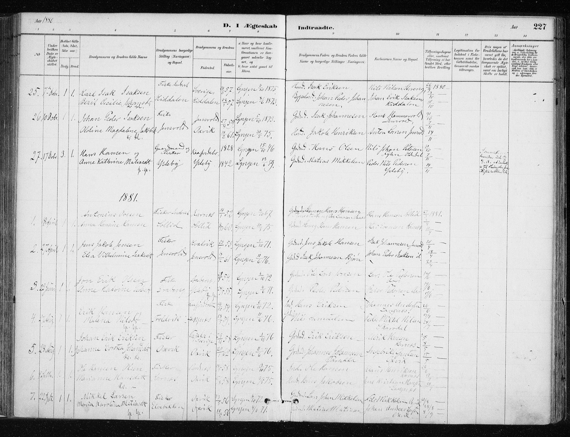 Lyngen sokneprestembete, SATØ/S-1289/H/He/Hea/L0007kirke: Parish register (official) no. 7, 1879-1890, p. 227