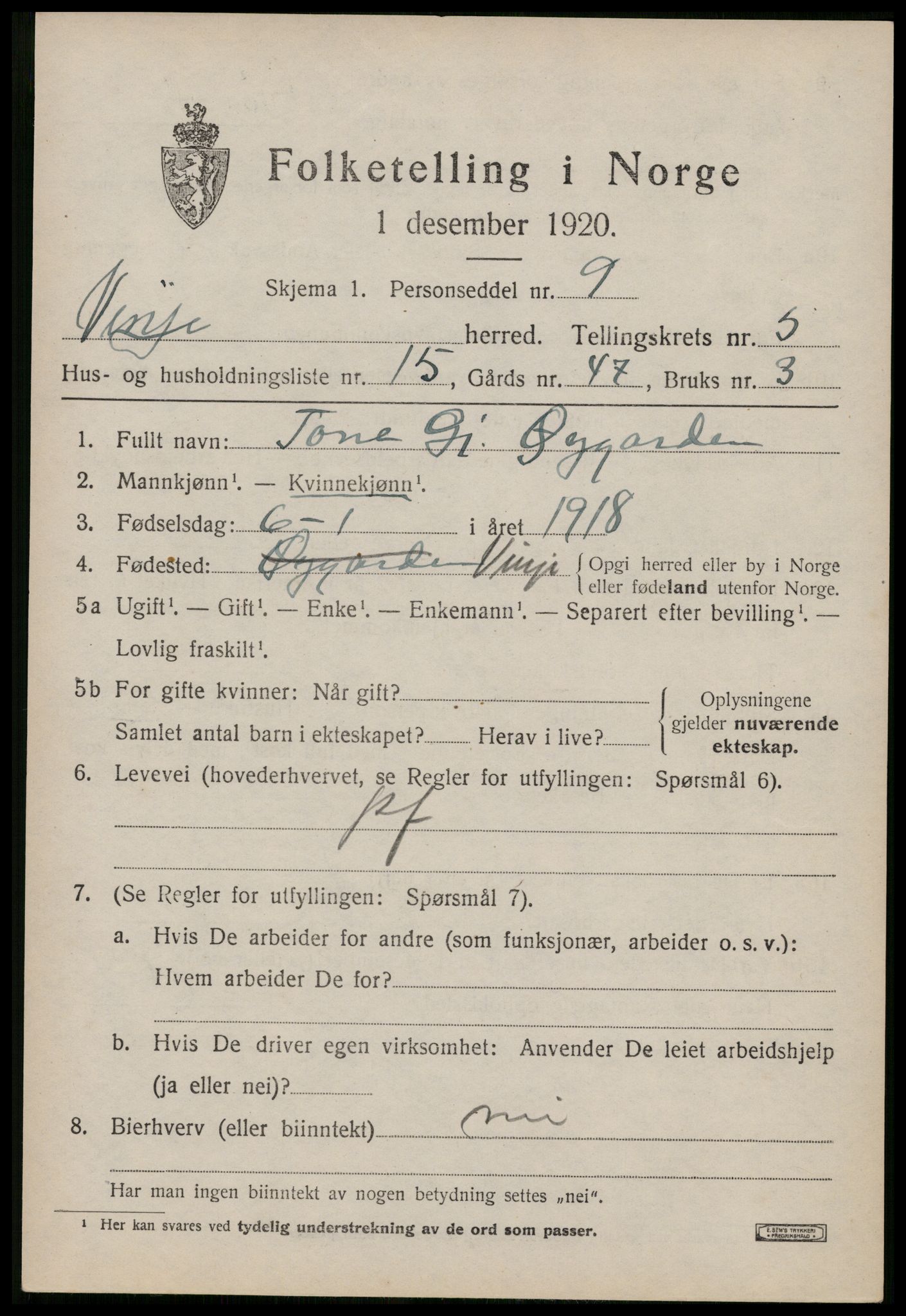 SAKO, 1920 census for Vinje, 1920, p. 1779