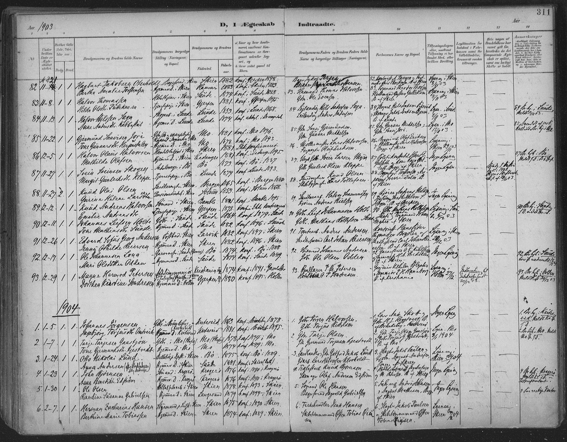 Skien kirkebøker, SAKO/A-302/F/Fa/L0011: Parish register (official) no. 11, 1900-1907, p. 311