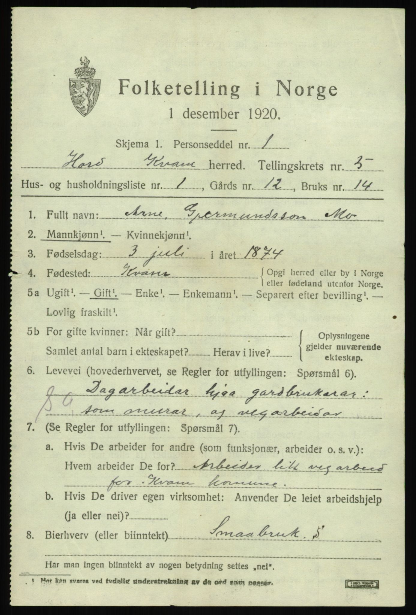 SAB, 1920 census for Kvam, 1920, p. 3771