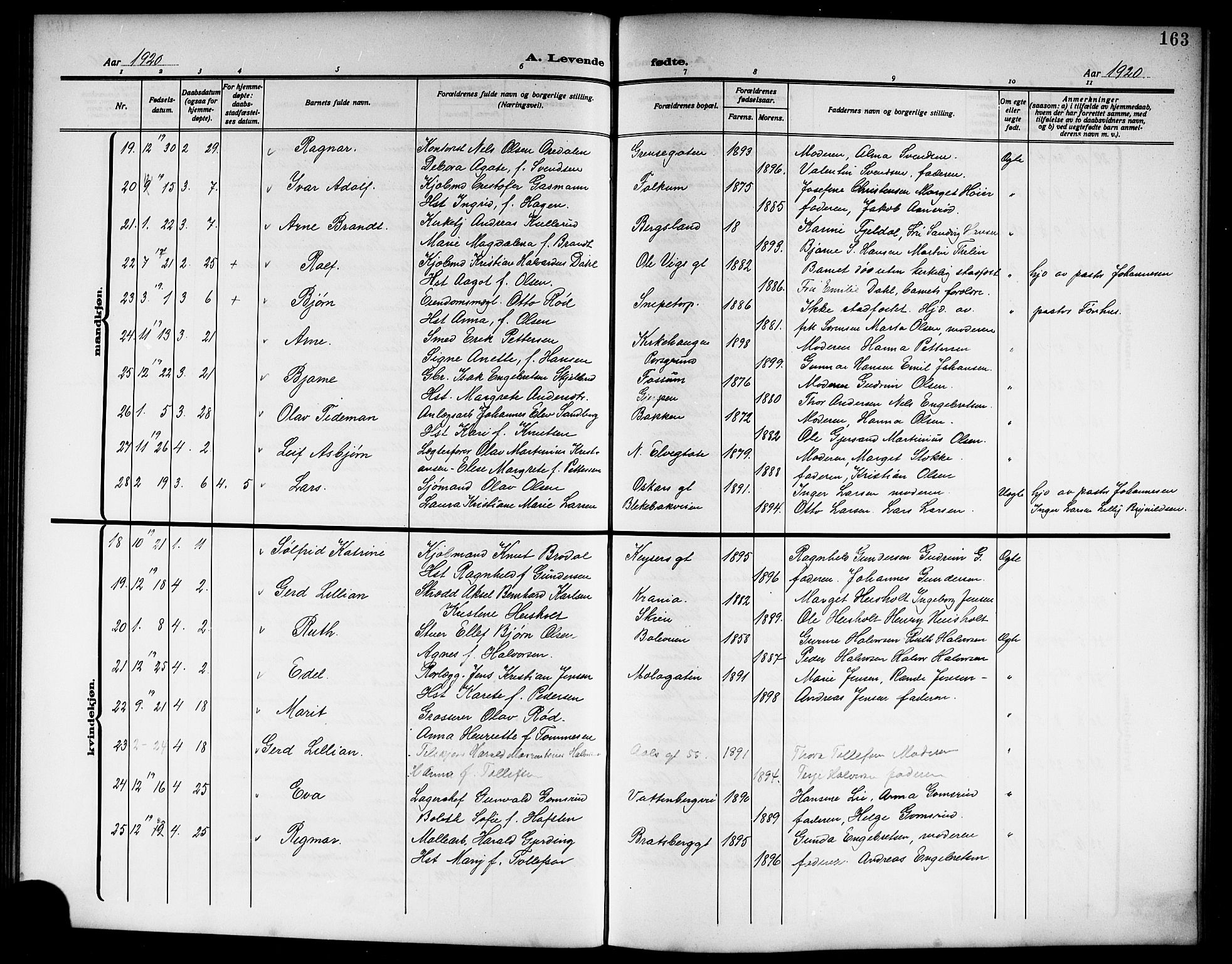 Skien kirkebøker, SAKO/A-302/G/Ga/L0009: Parish register (copy) no. 9, 1910-1920, p. 163