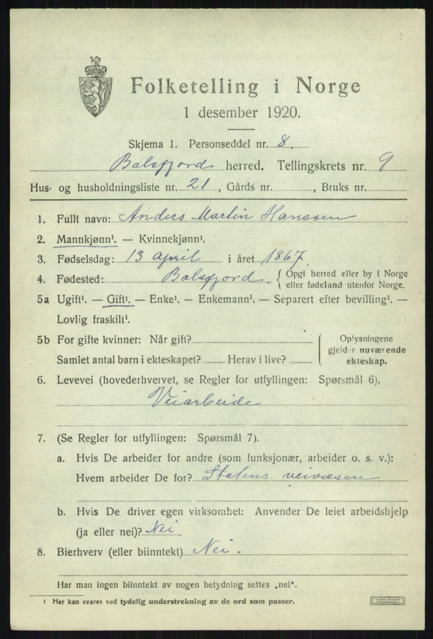 SATØ, 1920 census for Balsfjord, 1920, p. 5264