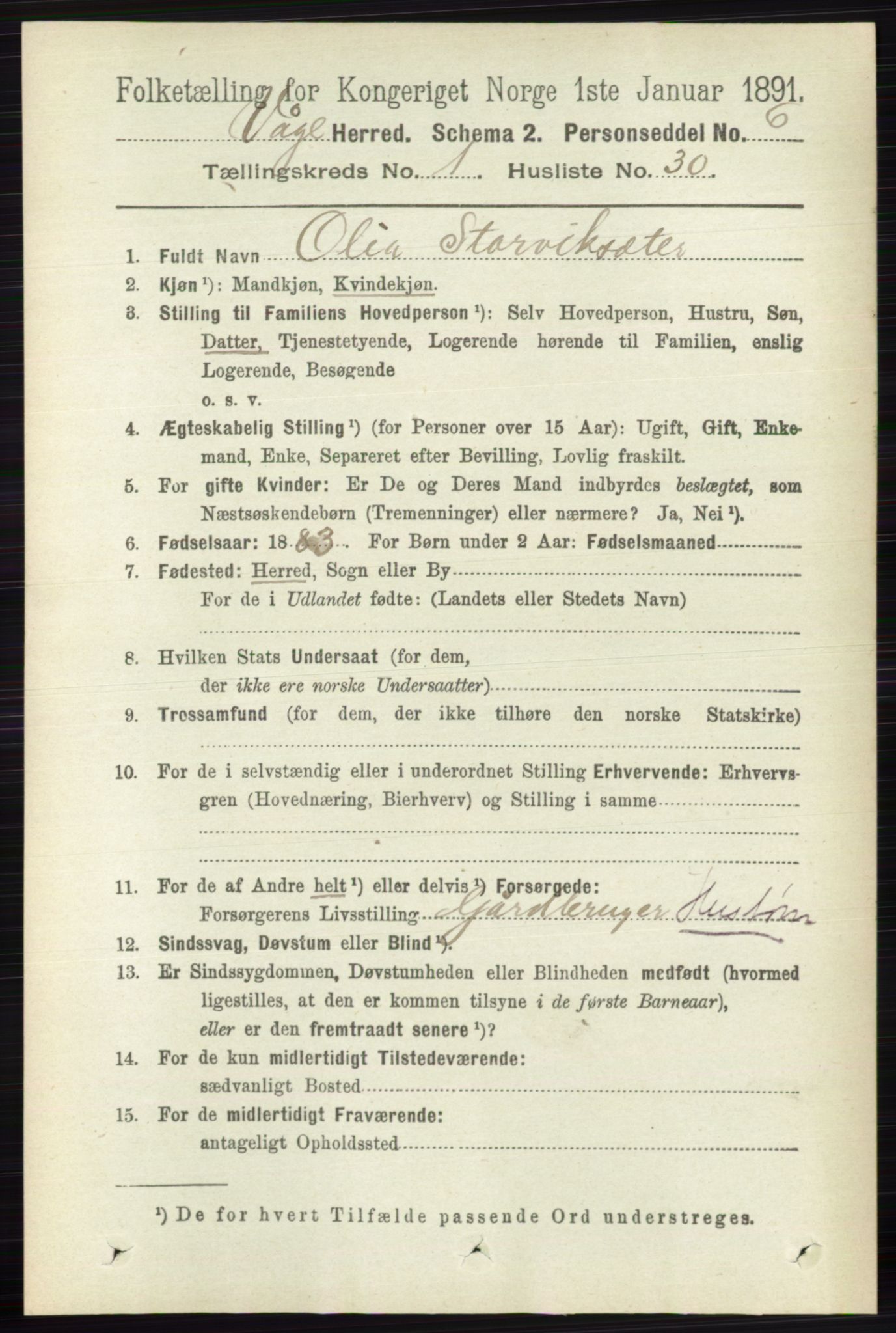 RA, 1891 census for 0515 Vågå, 1891, p. 333