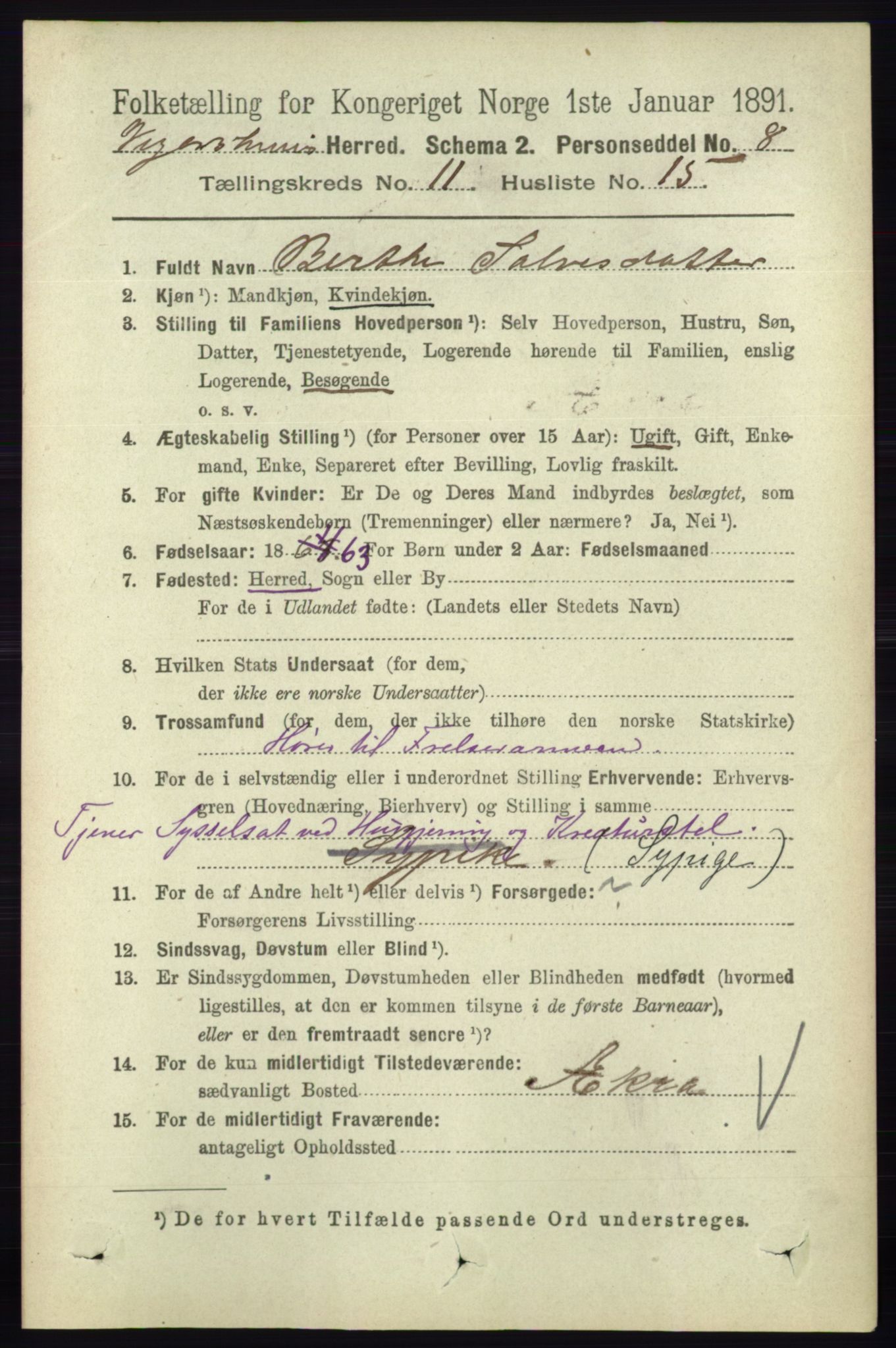RA, 1891 census for 0912 Vegårshei, 1891, p. 2299