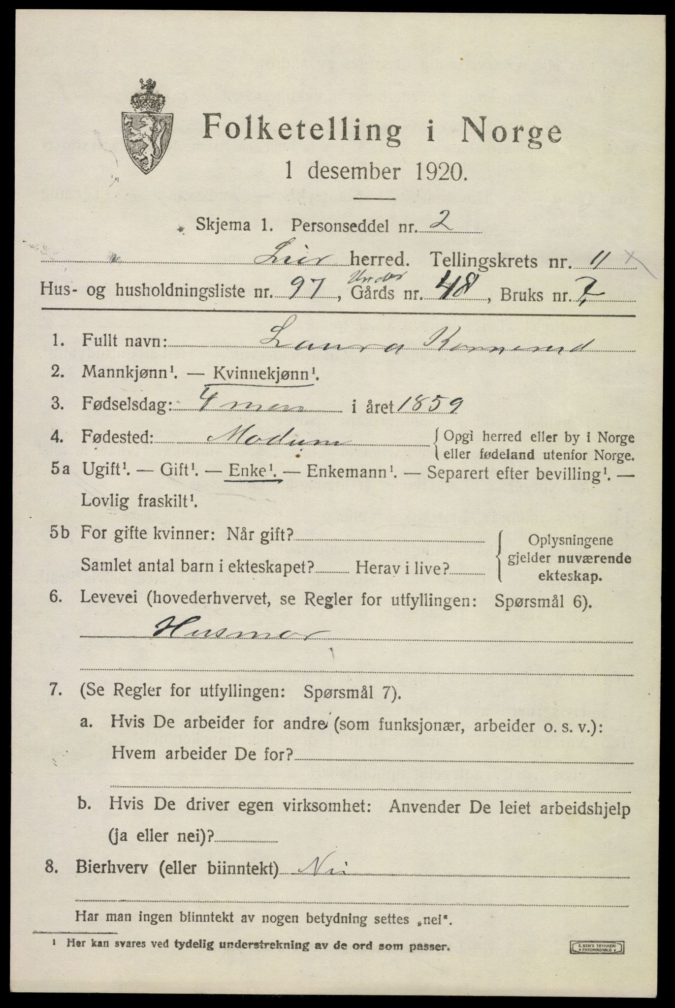 SAKO, 1920 census for Lier, 1920, p. 17254