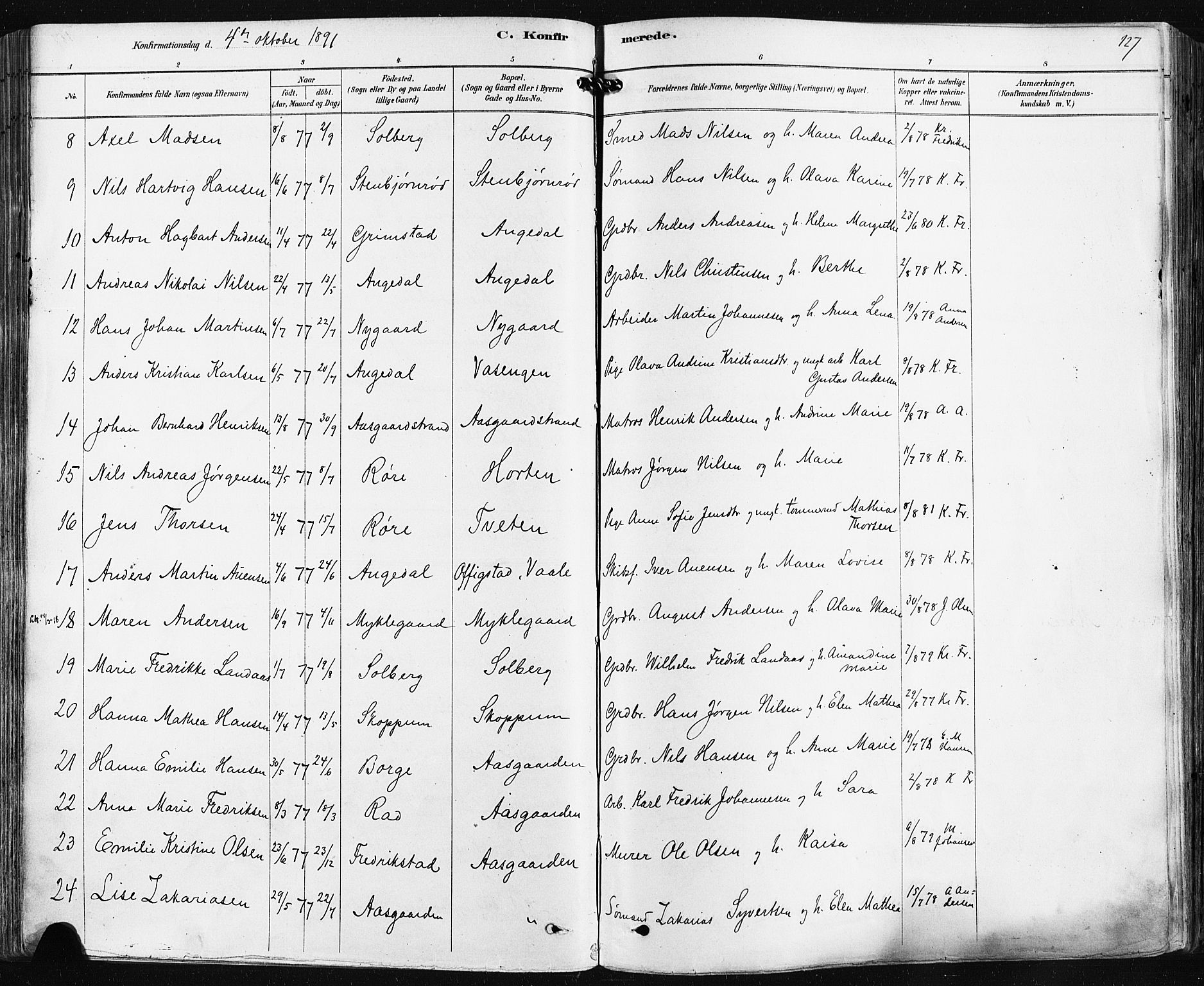 Borre kirkebøker, AV/SAKO-A-338/F/Fa/L0009: Parish register (official) no. I 9, 1878-1896, p. 127