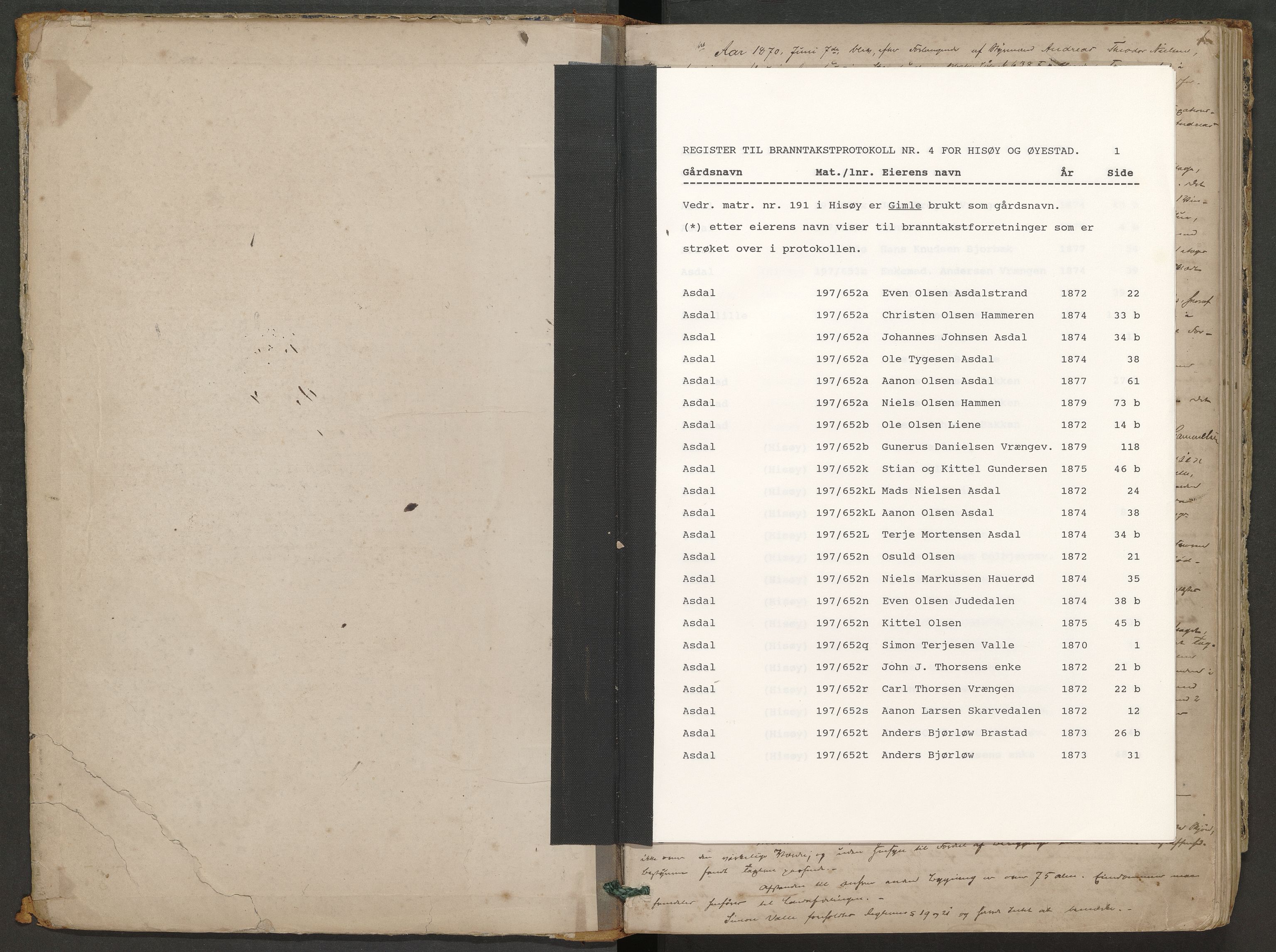 Norges Brannkasse Øyestad, SAK/2241-0059/F/Fa/L0004: Branntakstprotokoll nr. 4 for Øyestad og Hisøy med gårdsnavnregister, 1870-1879