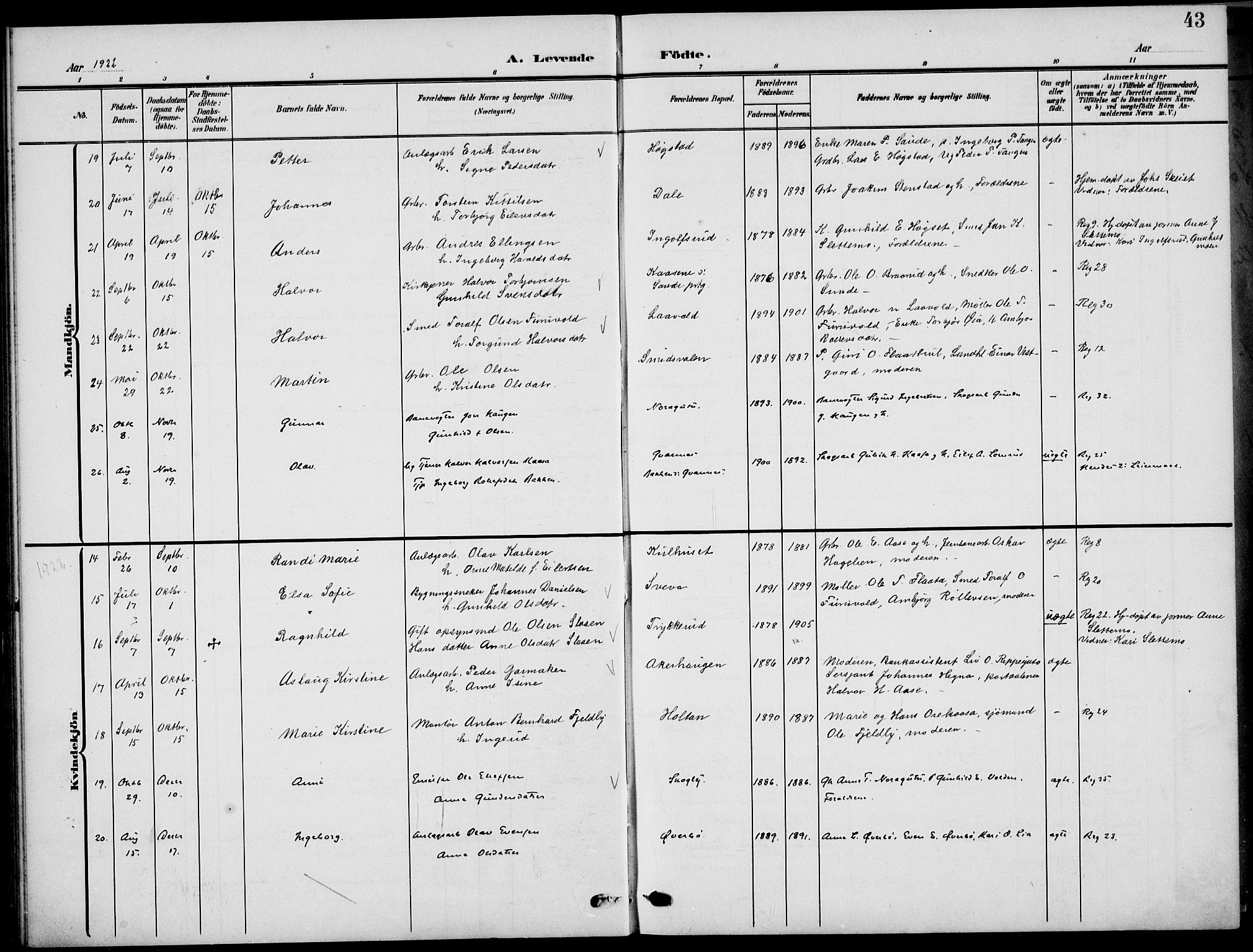 Sauherad kirkebøker, AV/SAKO-A-298/G/Ga/L0004a: Parish register (copy) no. I 4a, 1906-1934, p. 43