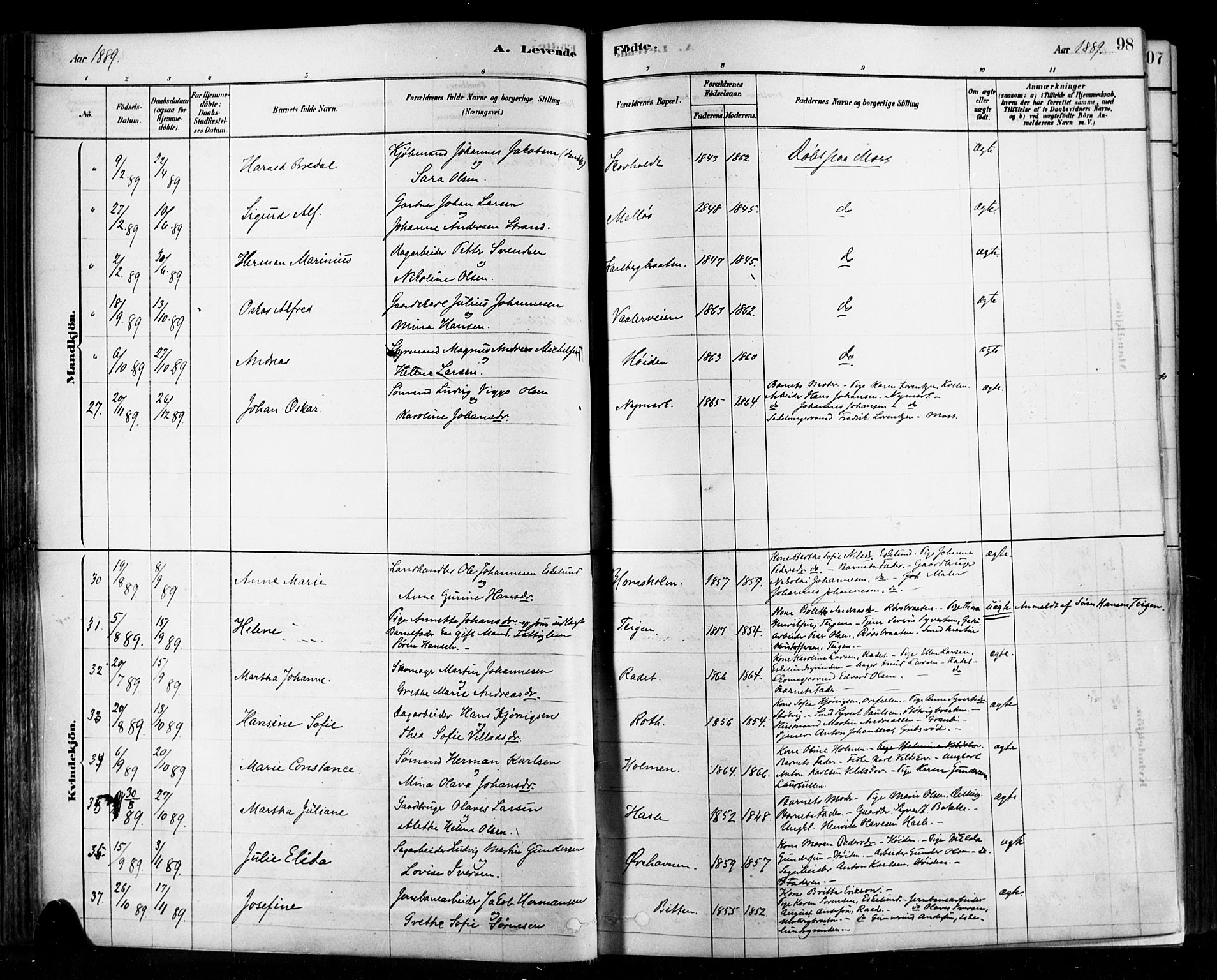 Rygge prestekontor Kirkebøker, AV/SAO-A-10084b/F/Fa/L0007: Parish register (official) no. 7, 1878-1904, p. 98