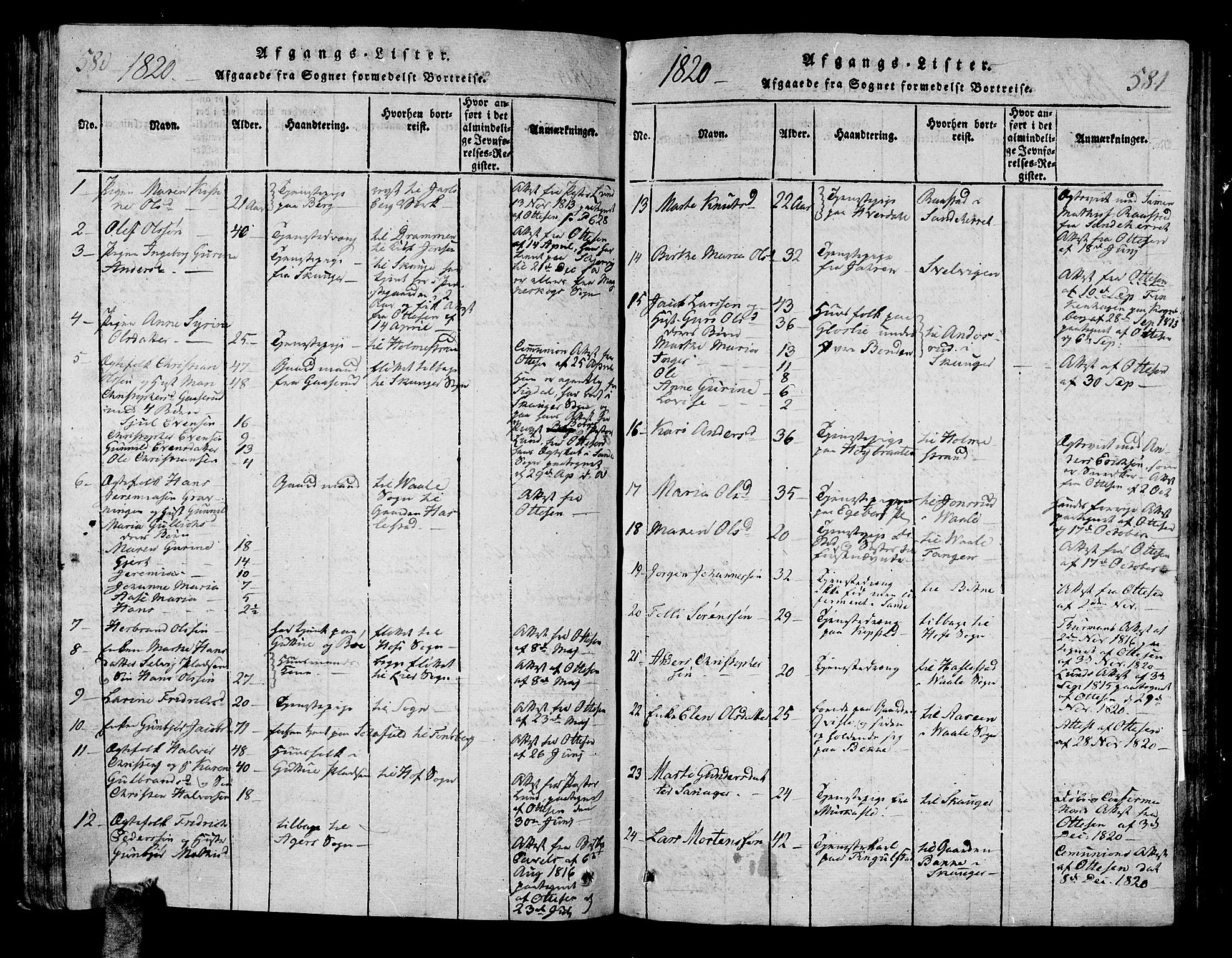 Sande Kirkebøker, SAKO/A-53/G/Ga/L0001: Parish register (copy) no. 1, 1814-1847, p. 580-581