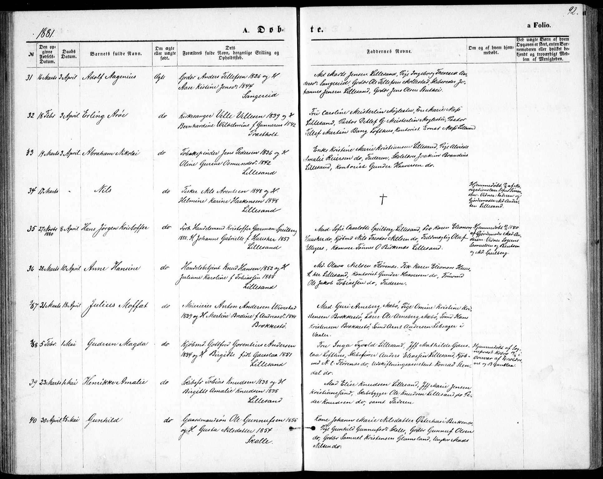 Vestre Moland sokneprestkontor, SAK/1111-0046/F/Fb/Fbb/L0005: Parish register (copy) no. B 5, 1872-1883, p. 92