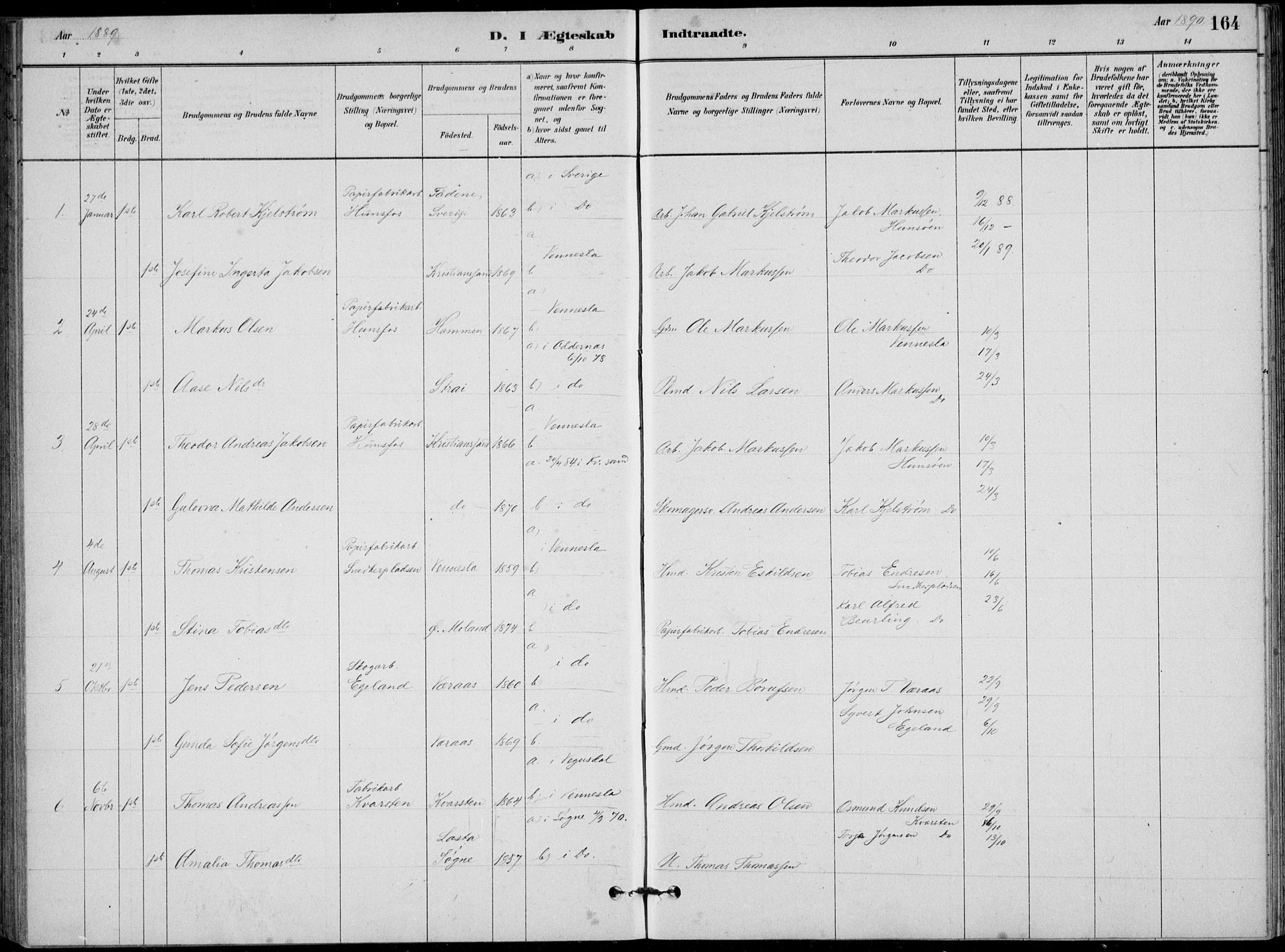 Vennesla sokneprestkontor, AV/SAK-1111-0045/Fb/Fbb/L0003: Parish register (copy) no. B 3, 1879-1893, p. 164