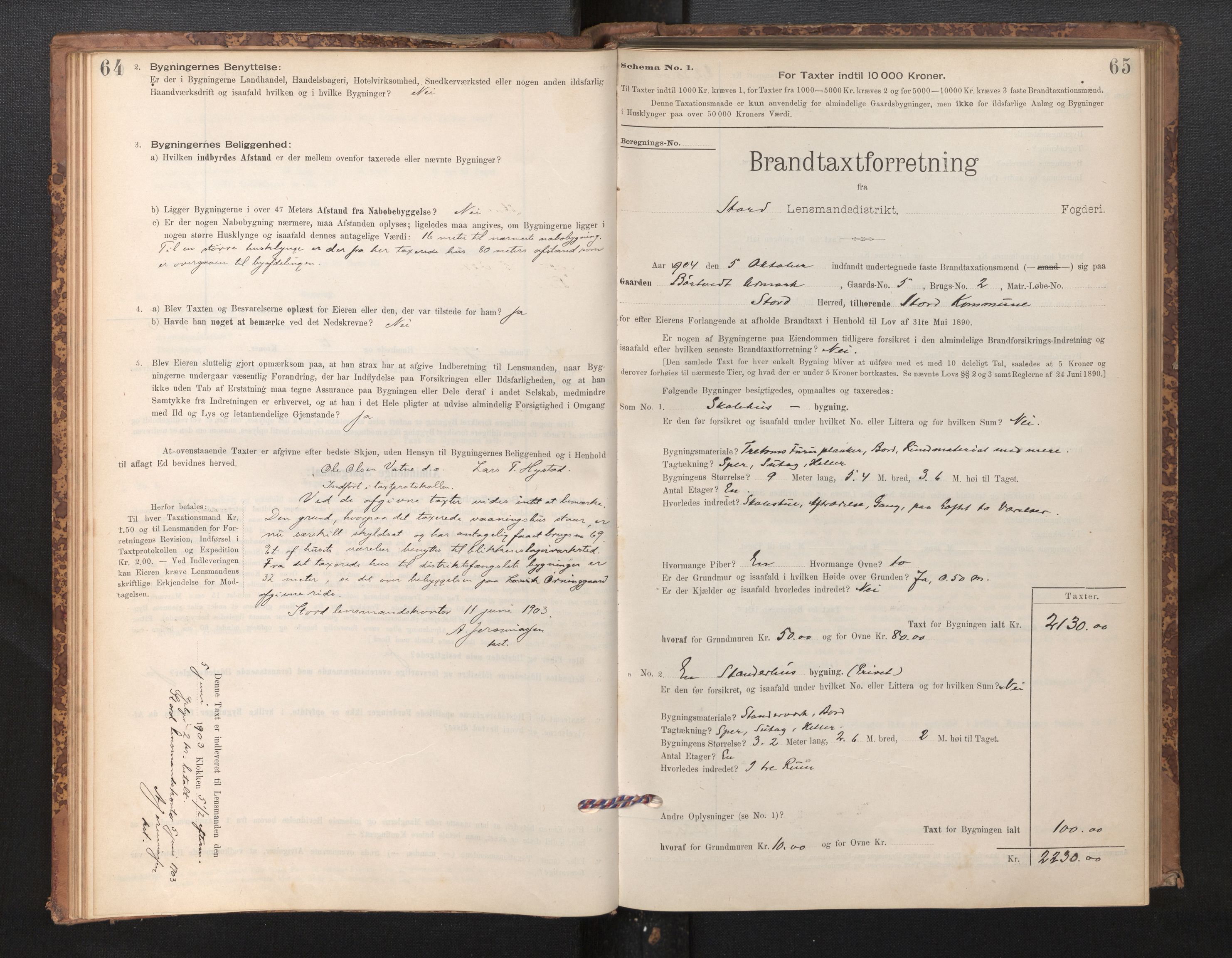 Lensmannen i Stord, SAB/A-35001/0012/L0002: Branntakstprotokoll, skjematakst, 1897-1922, p. 64-65
