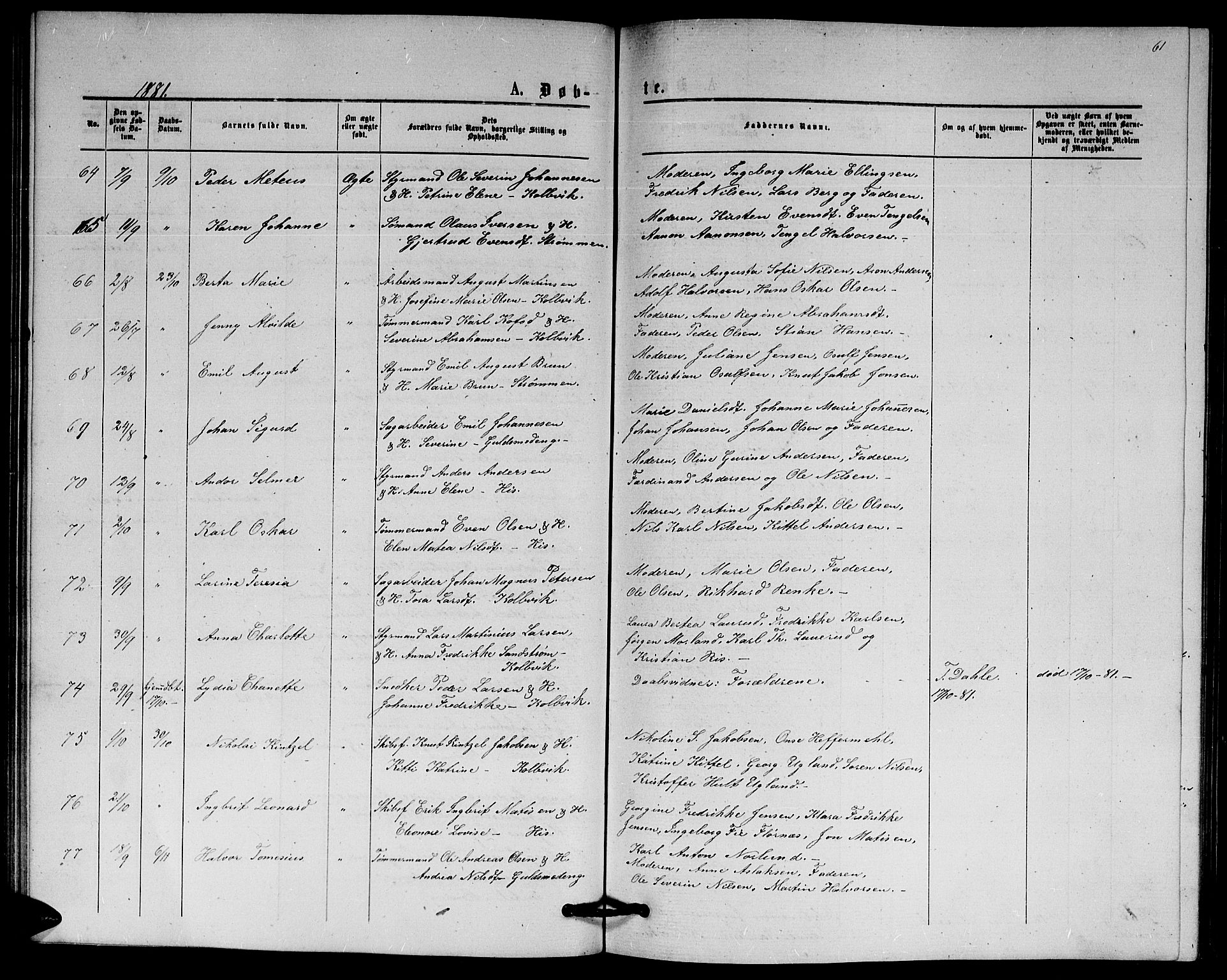 Hisøy sokneprestkontor, AV/SAK-1111-0020/F/Fb/L0002: Parish register (copy) no. B 2, 1873-1885, p. 61