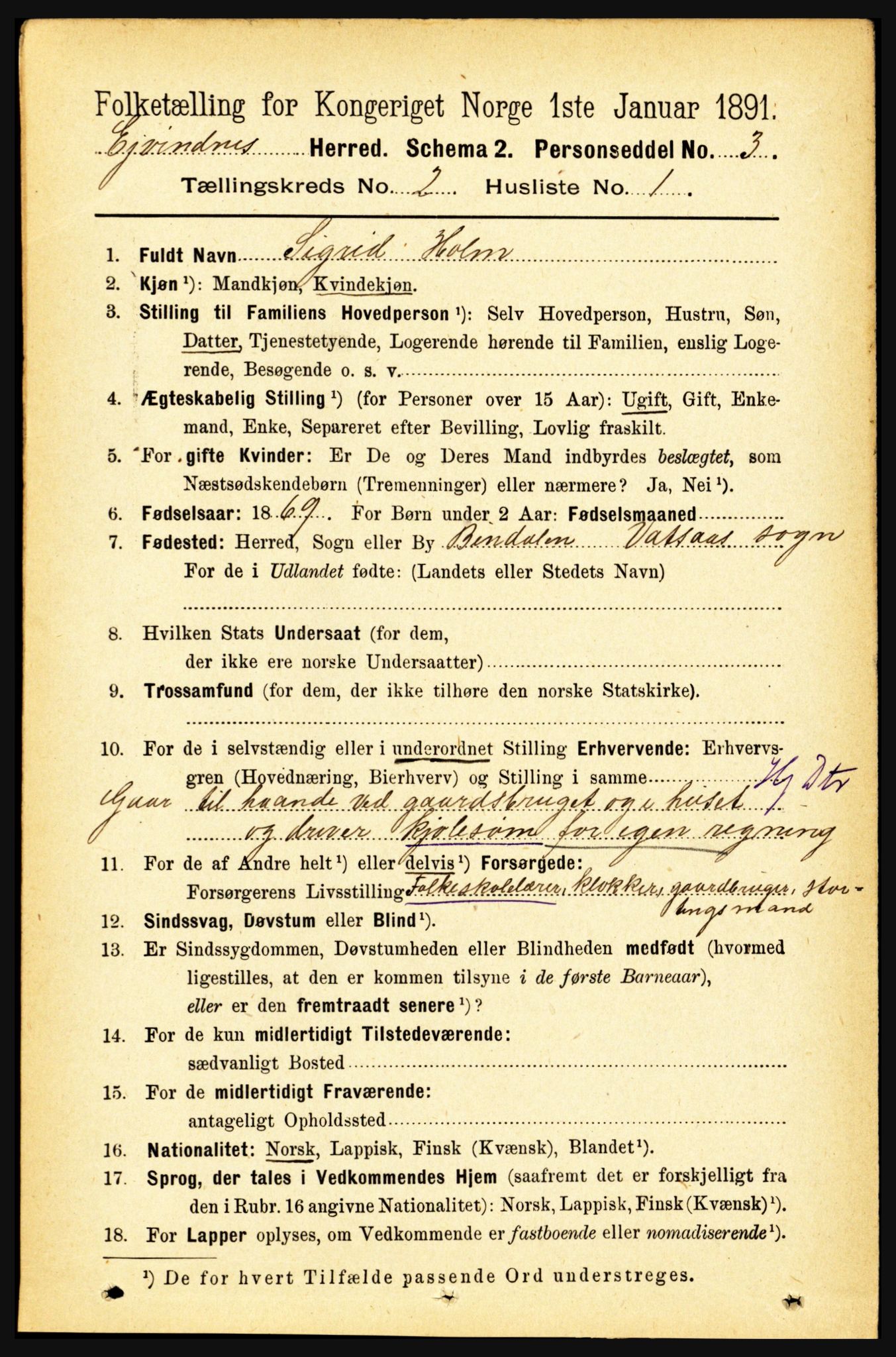 RA, 1891 census for 1853 Evenes, 1891, p. 426